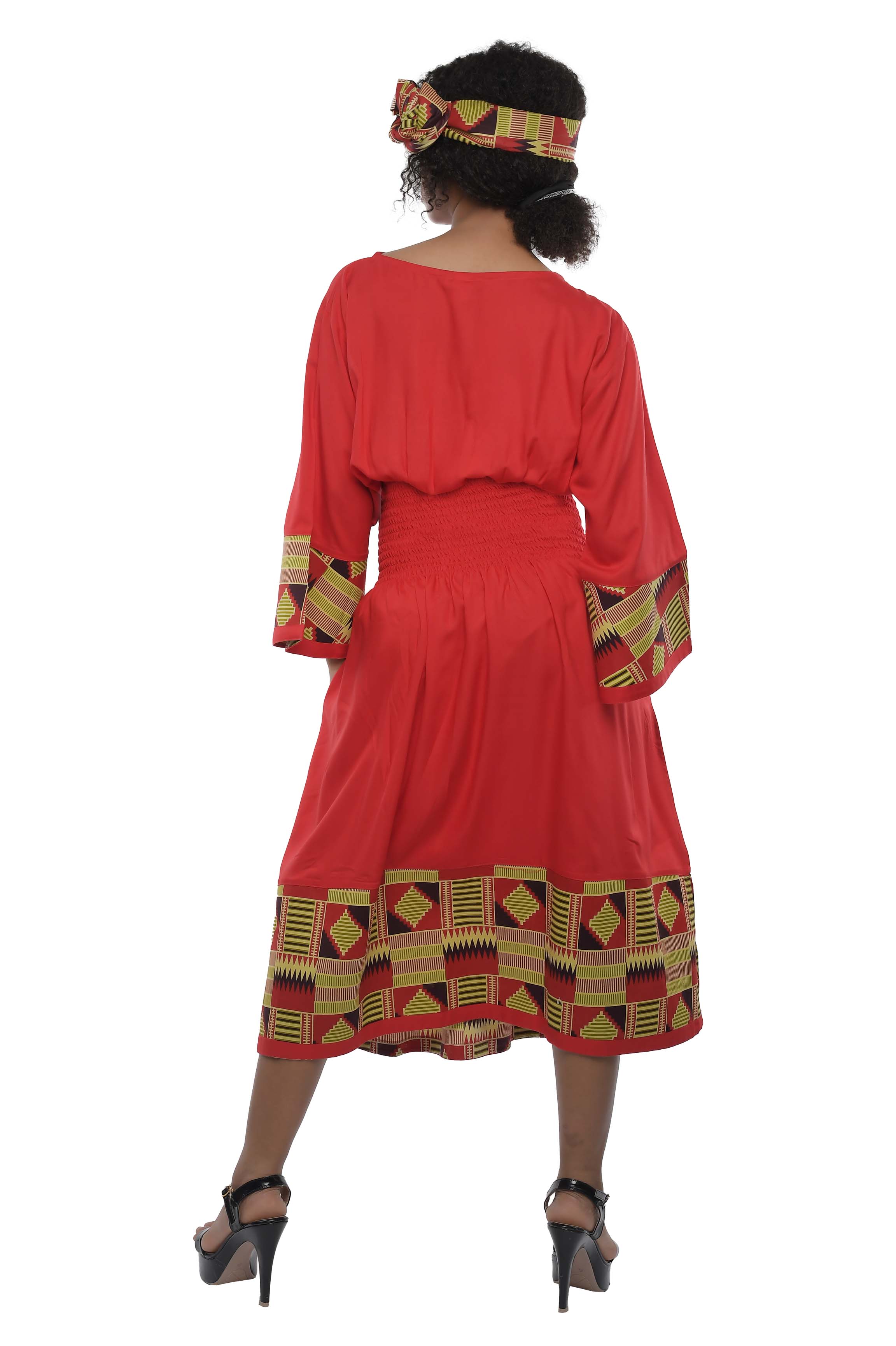 African trim midi dress in solid color with patchwork detail
Afrocentric rayon dress with smocked waist and headwrap
African print patchwork midi dress with pockets
African dresses for women