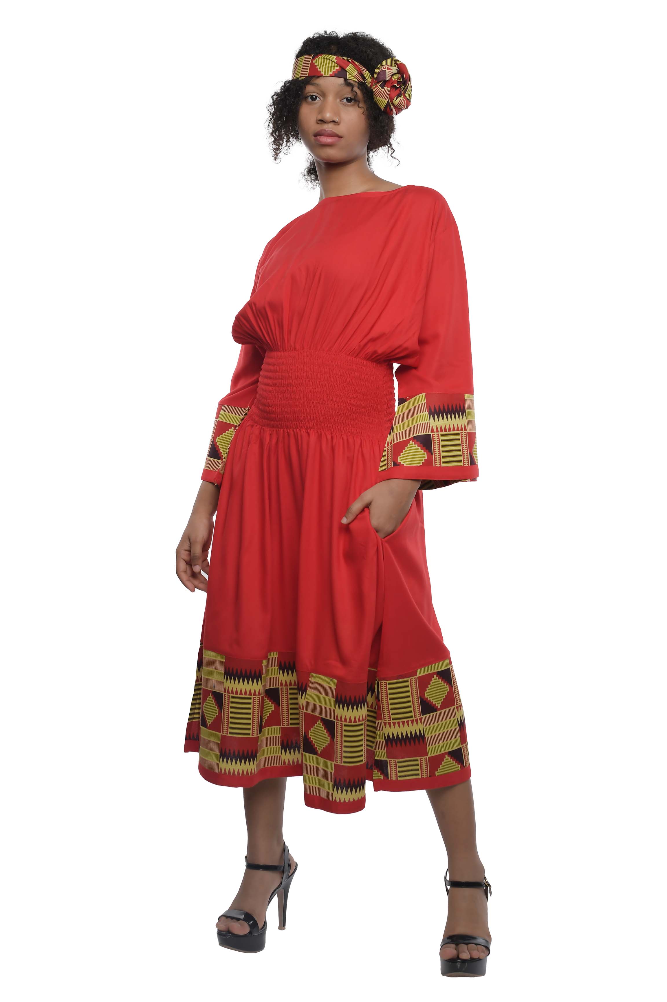 African trim midi dress in solid color with patchwork detail
Afrocentric rayon dress with smocked waist and headwrap
African print patchwork midi dress with pockets
African dresses for women