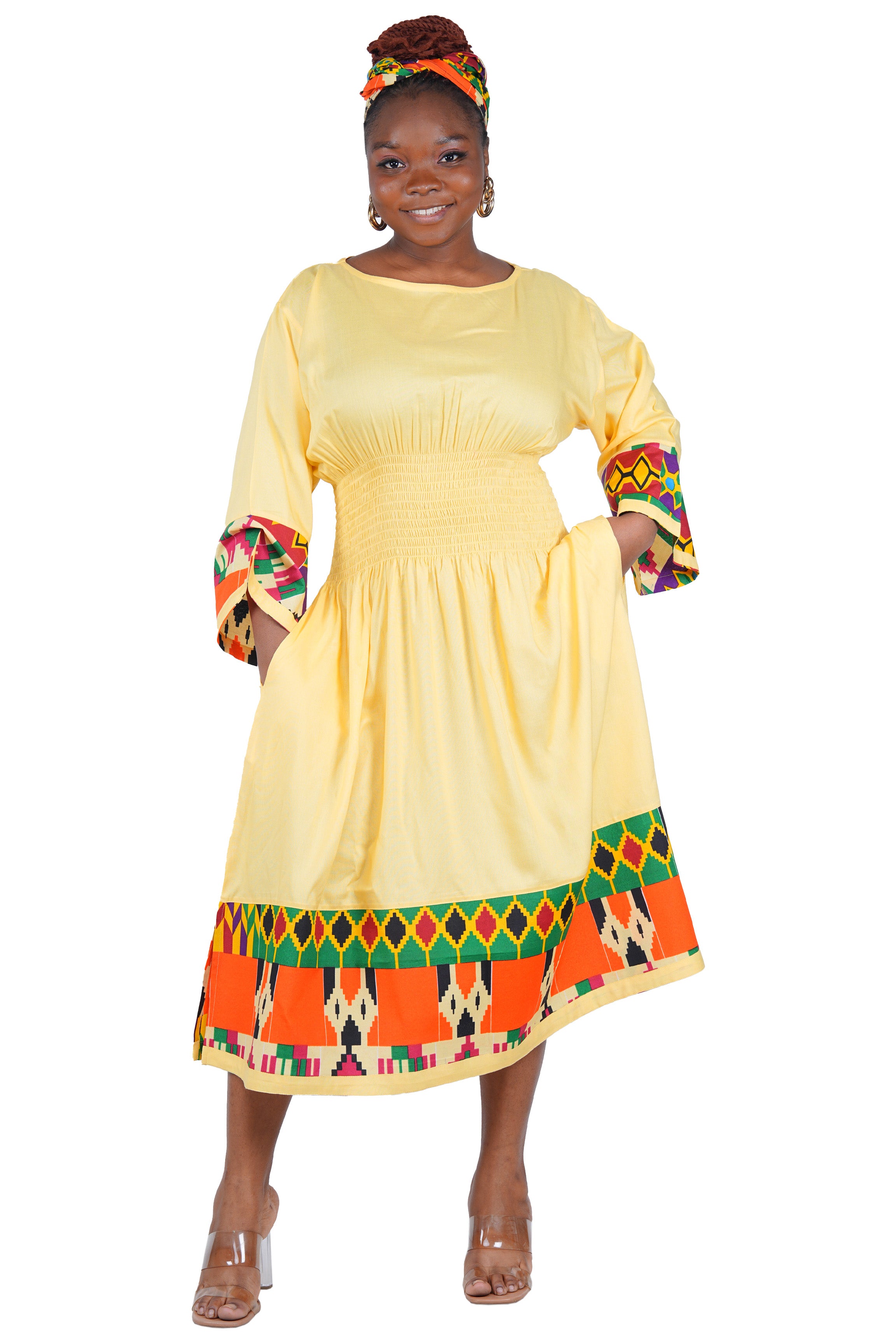 African Trim Midi Dress – Smocked, Headwrap & Pockets | 100% Rayon | Patch work