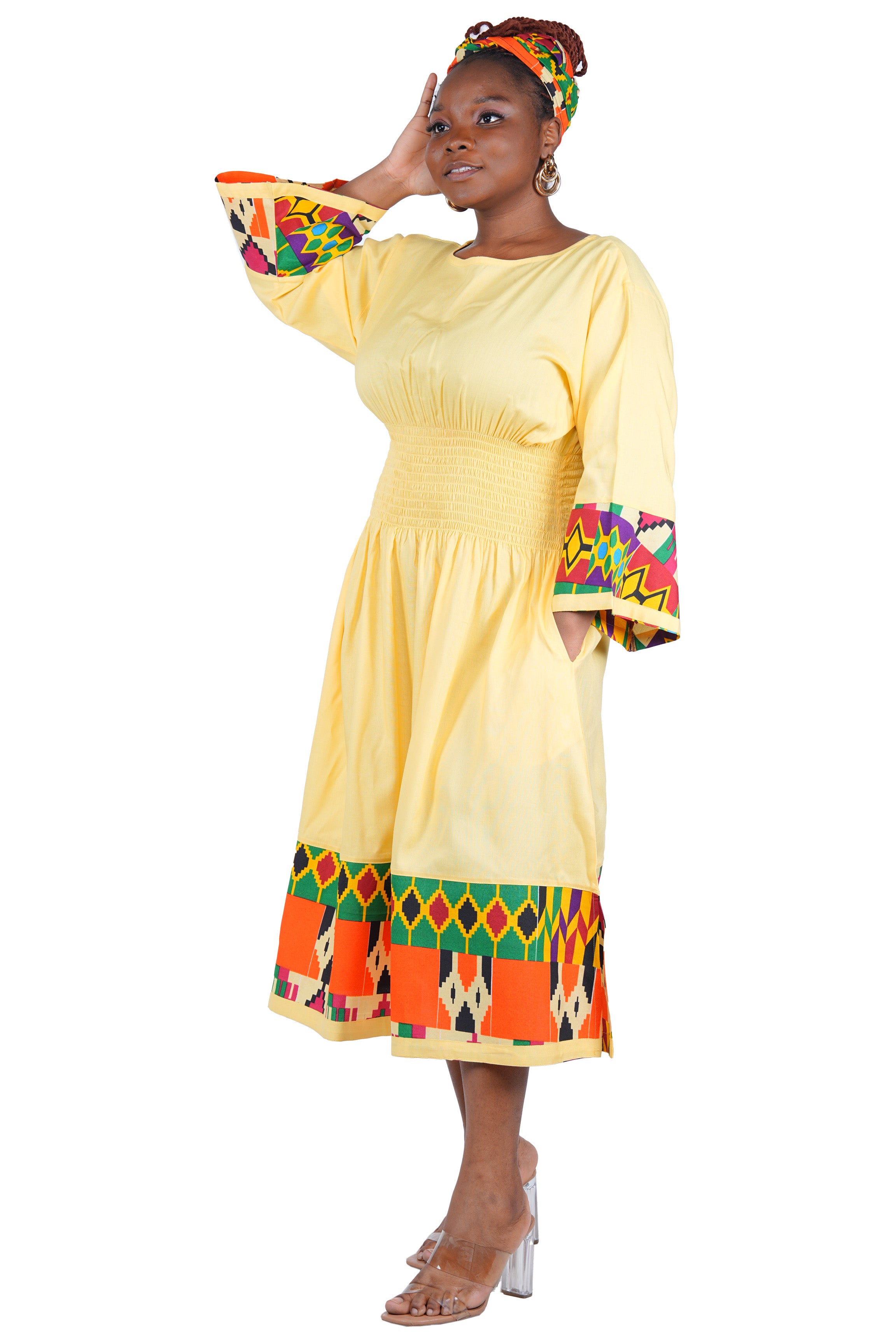 African Trim Midi Dress – Smocked, Headwrap & Pockets | 100% Rayon | Patch work