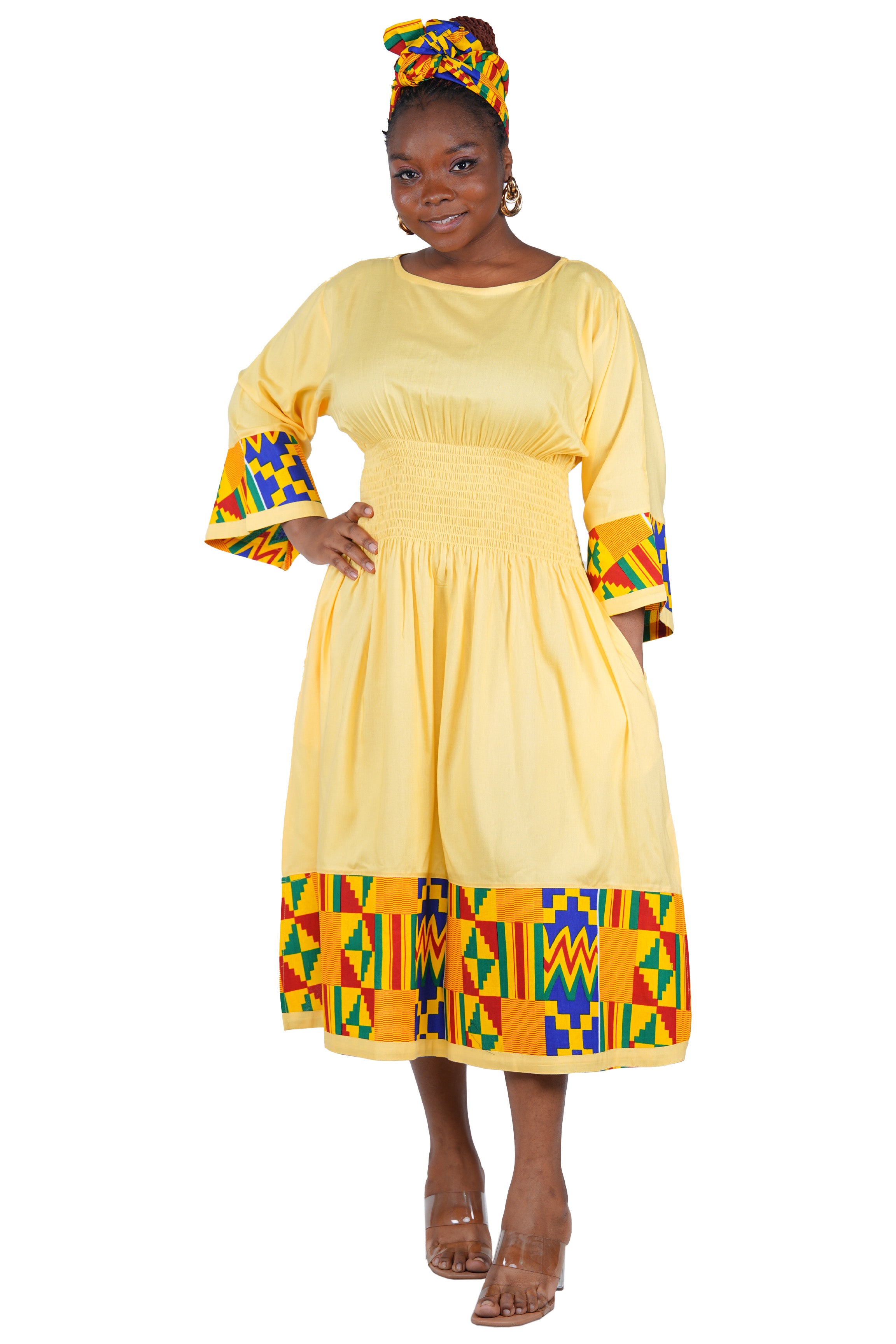 African Trim Midi Dress – Smocked, Headwrap & Pockets | 100% Rayon | Patch work