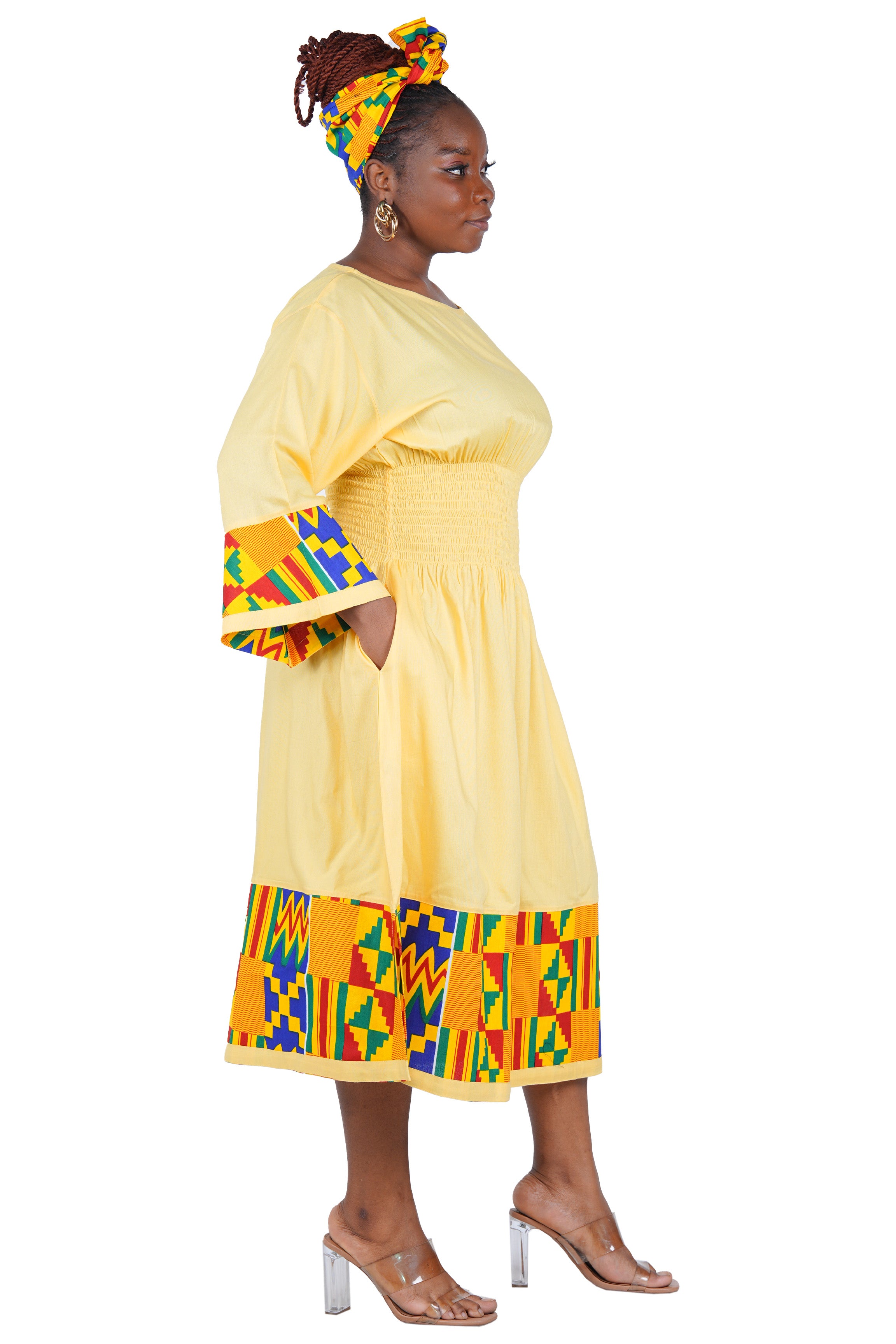 African Trim Midi Dress – Smocked, Headwrap & Pockets | 100% Rayon | Patch work