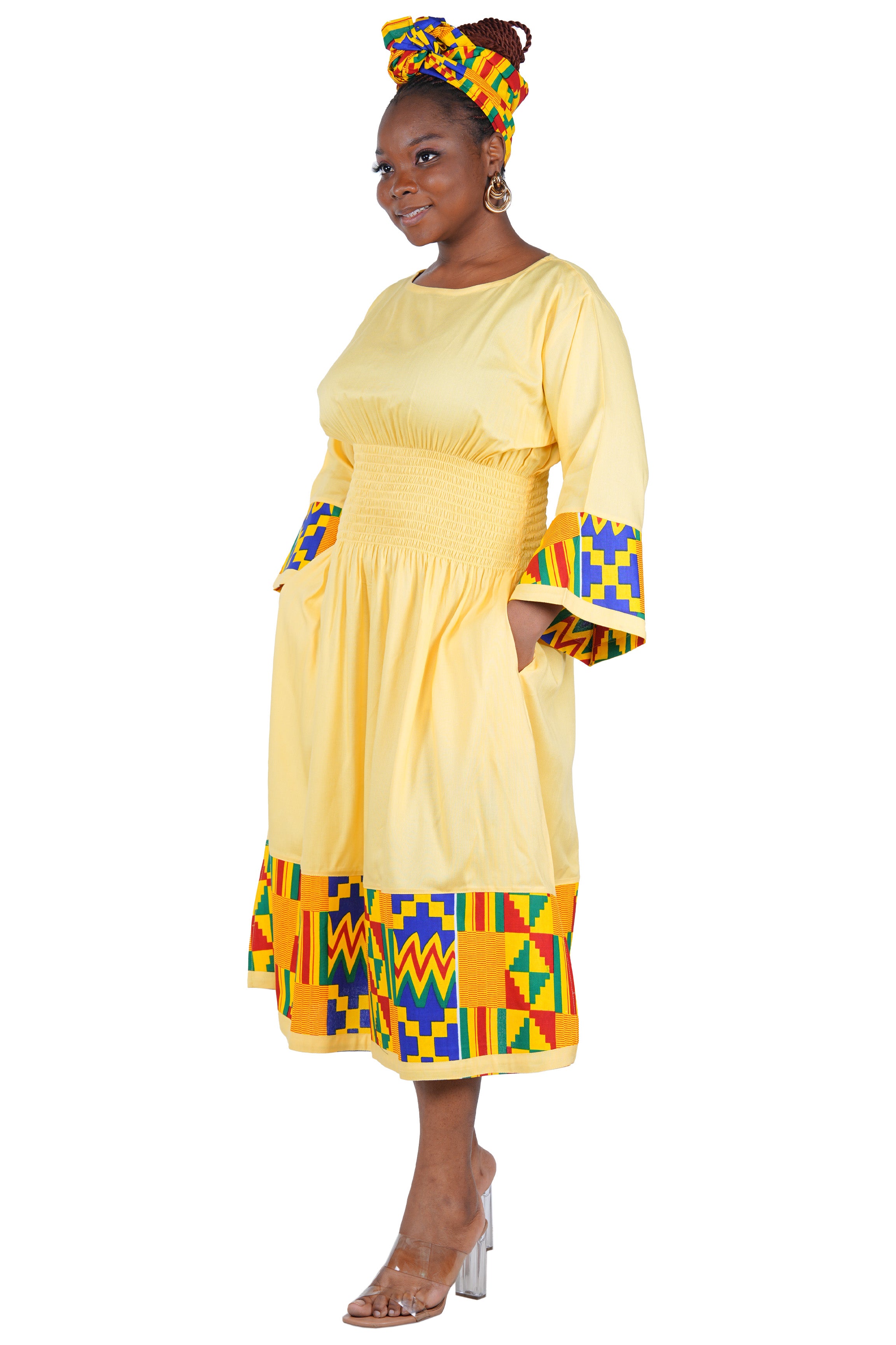 African Trim Midi Dress – Smocked, Headwrap & Pockets | 100% Rayon | Patch work