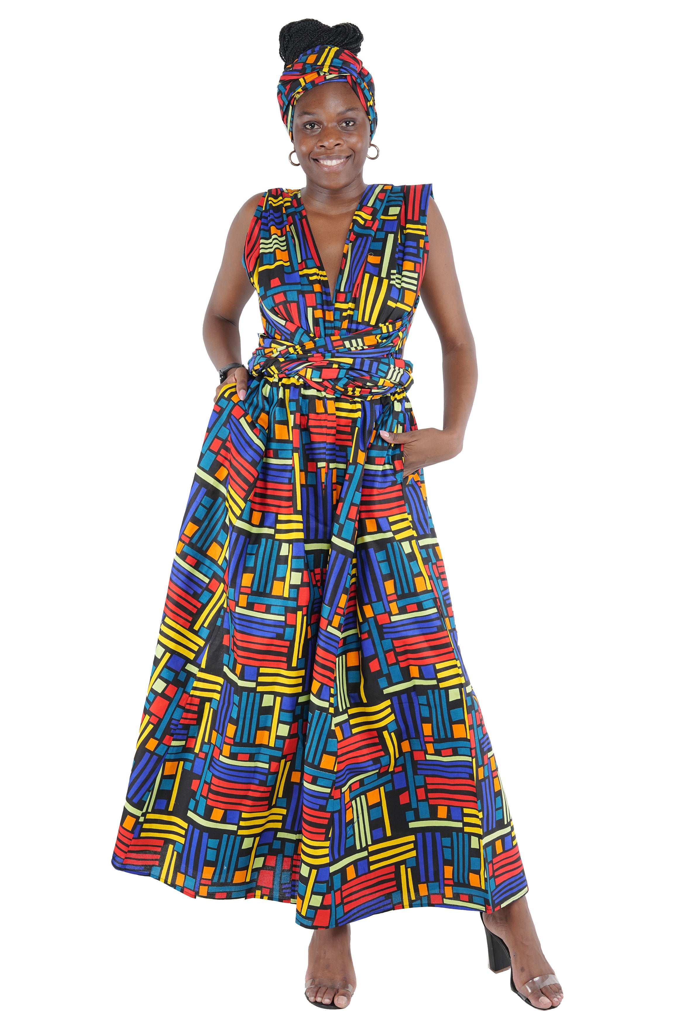 African print long infinity dress with head wrap – front view