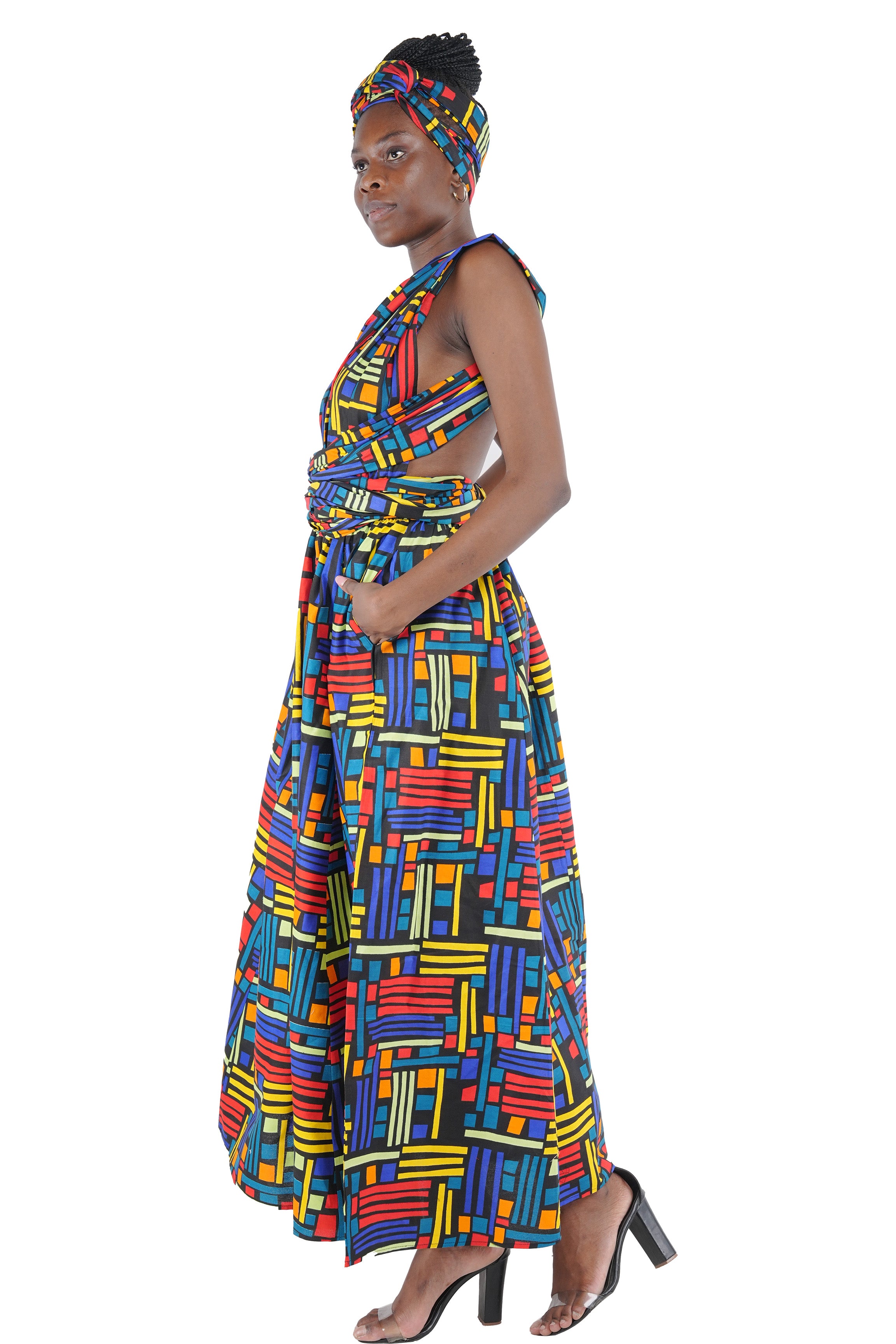 Ankara print long dress with pockets and head wrap – side view
