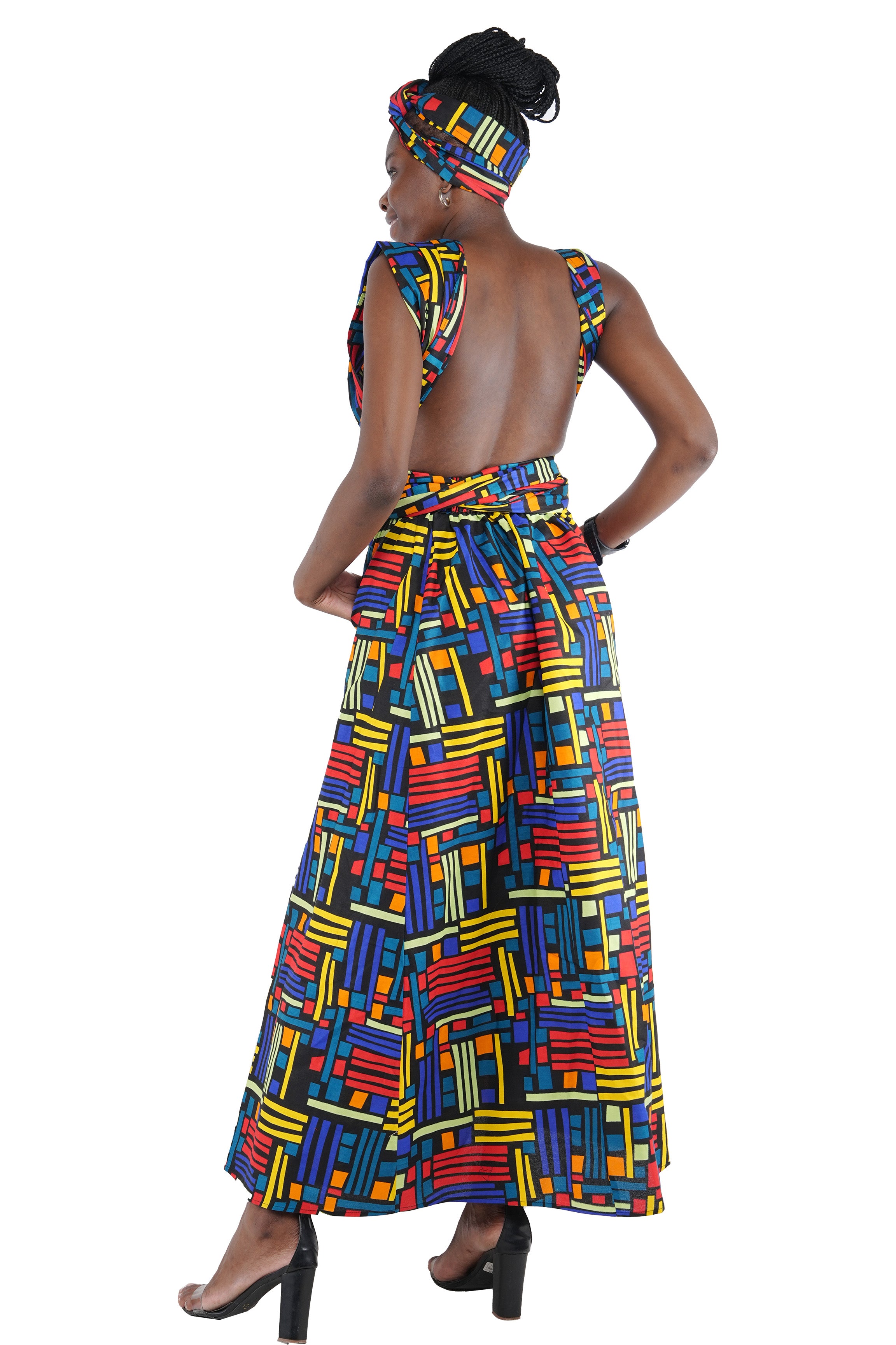 Back view of African print infinity dress – cotton maxi design