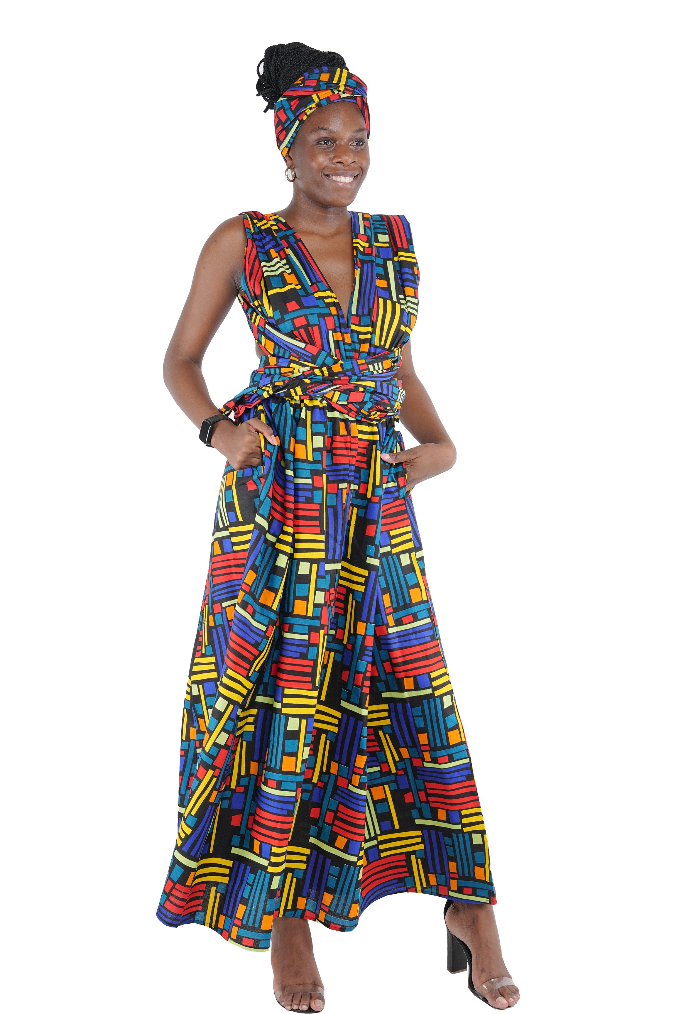 Convertible African infinity dress showing multiple tie styles