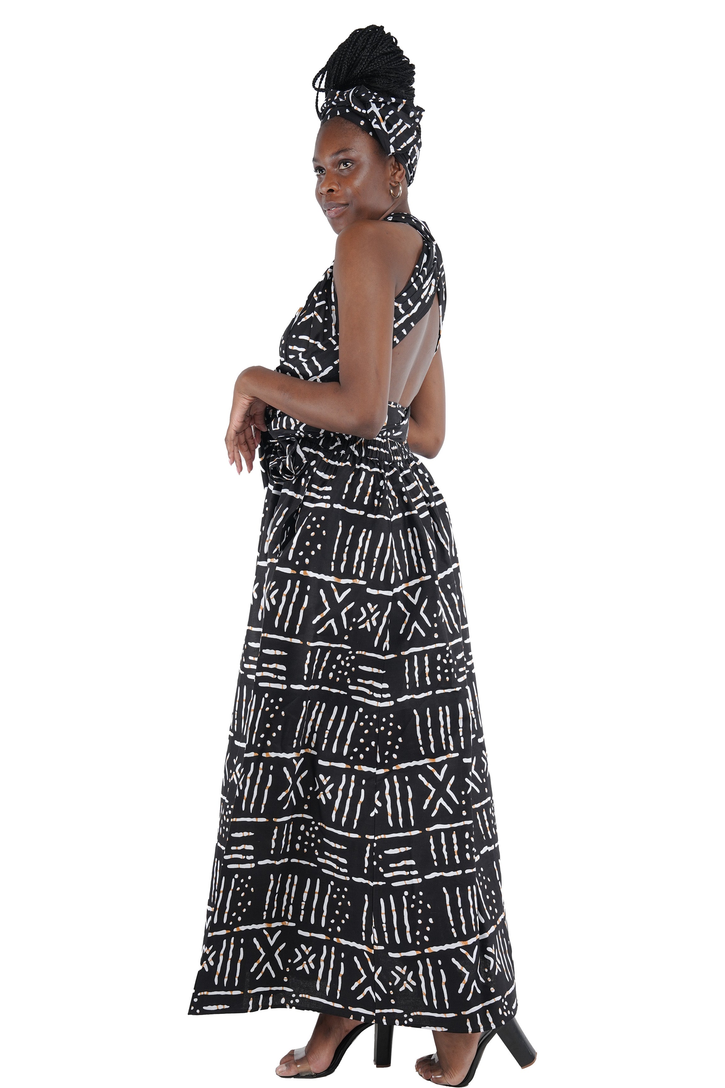 Ankara print long dress with pockets and head wrap
