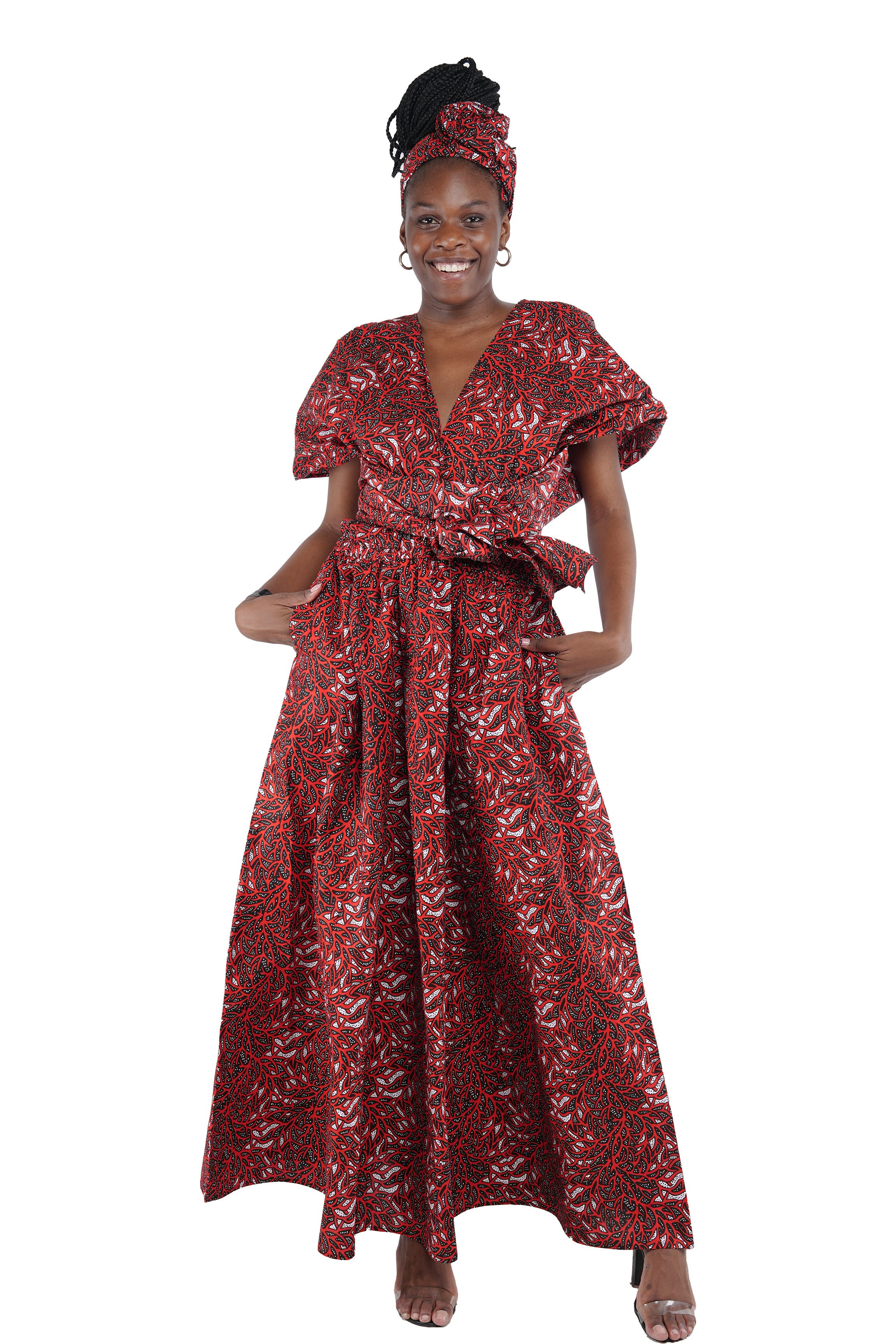 African print long infinity dress with head wrap – front view