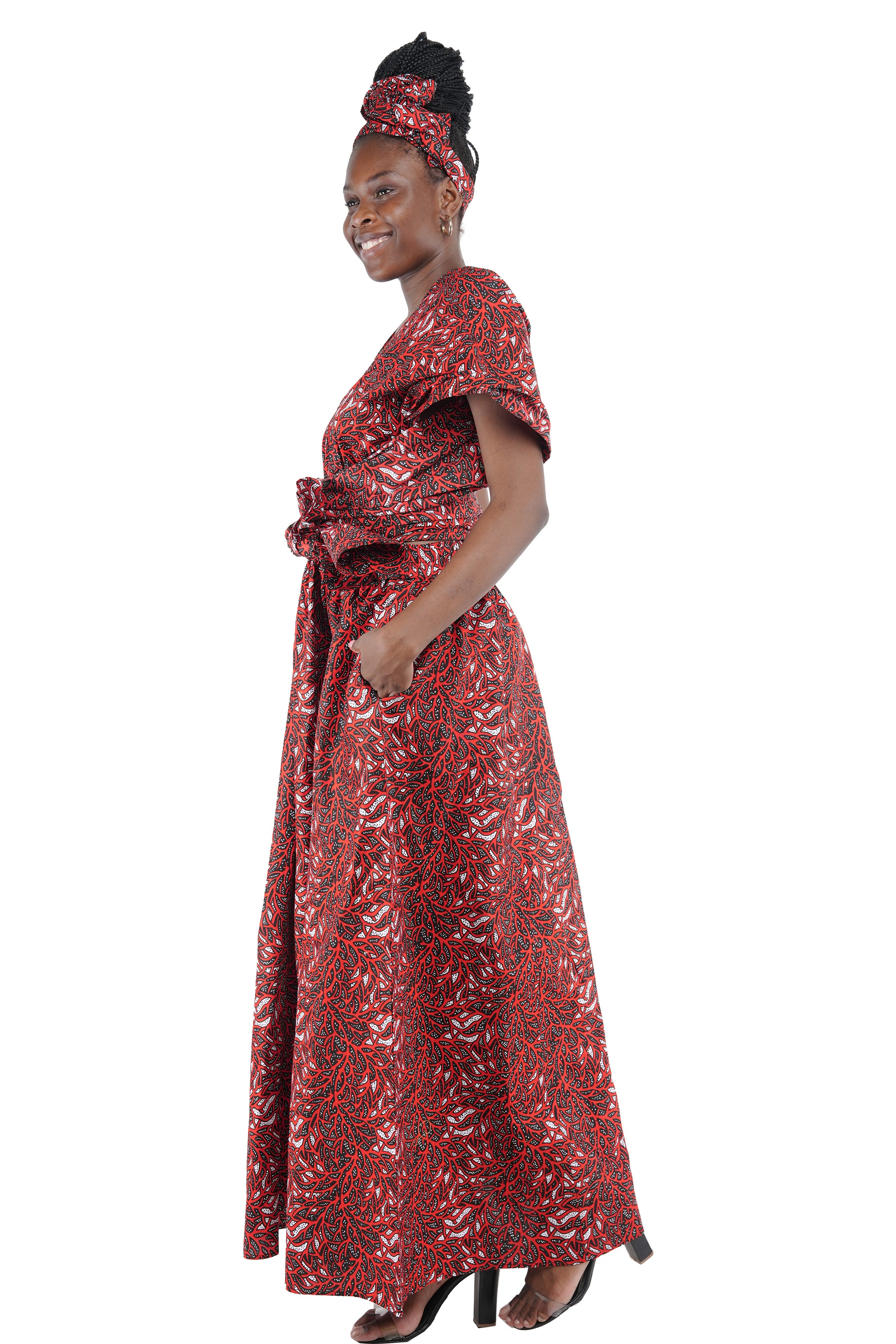 Ankara print long dress with pockets and head wrap – side view