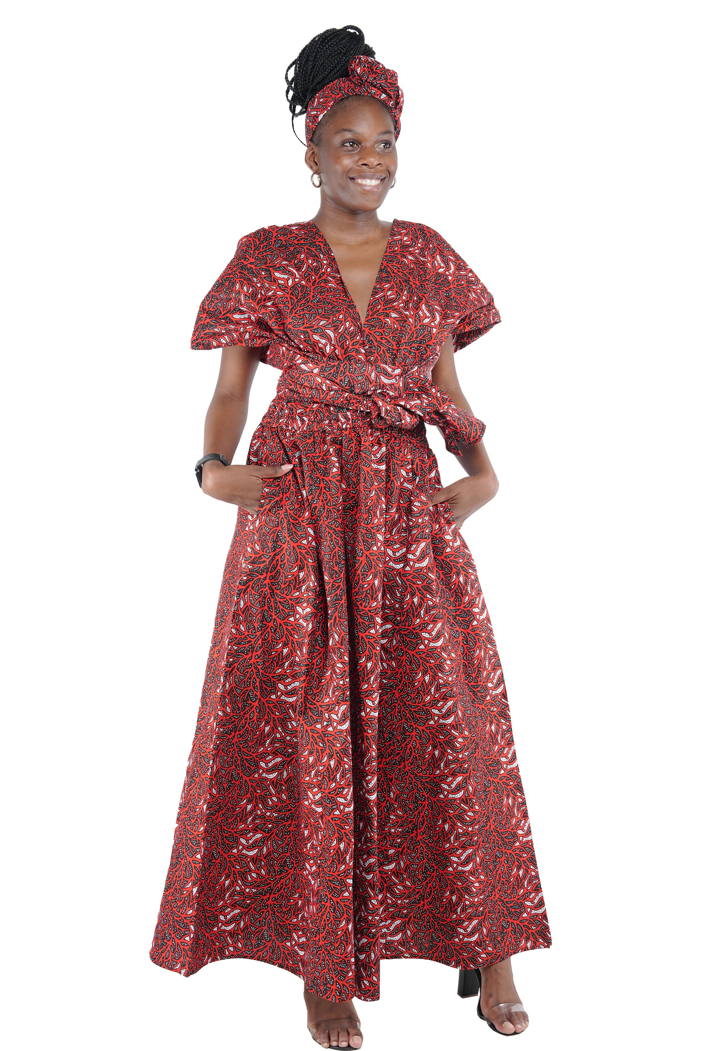 African print long infinity dress with head wrap – front view