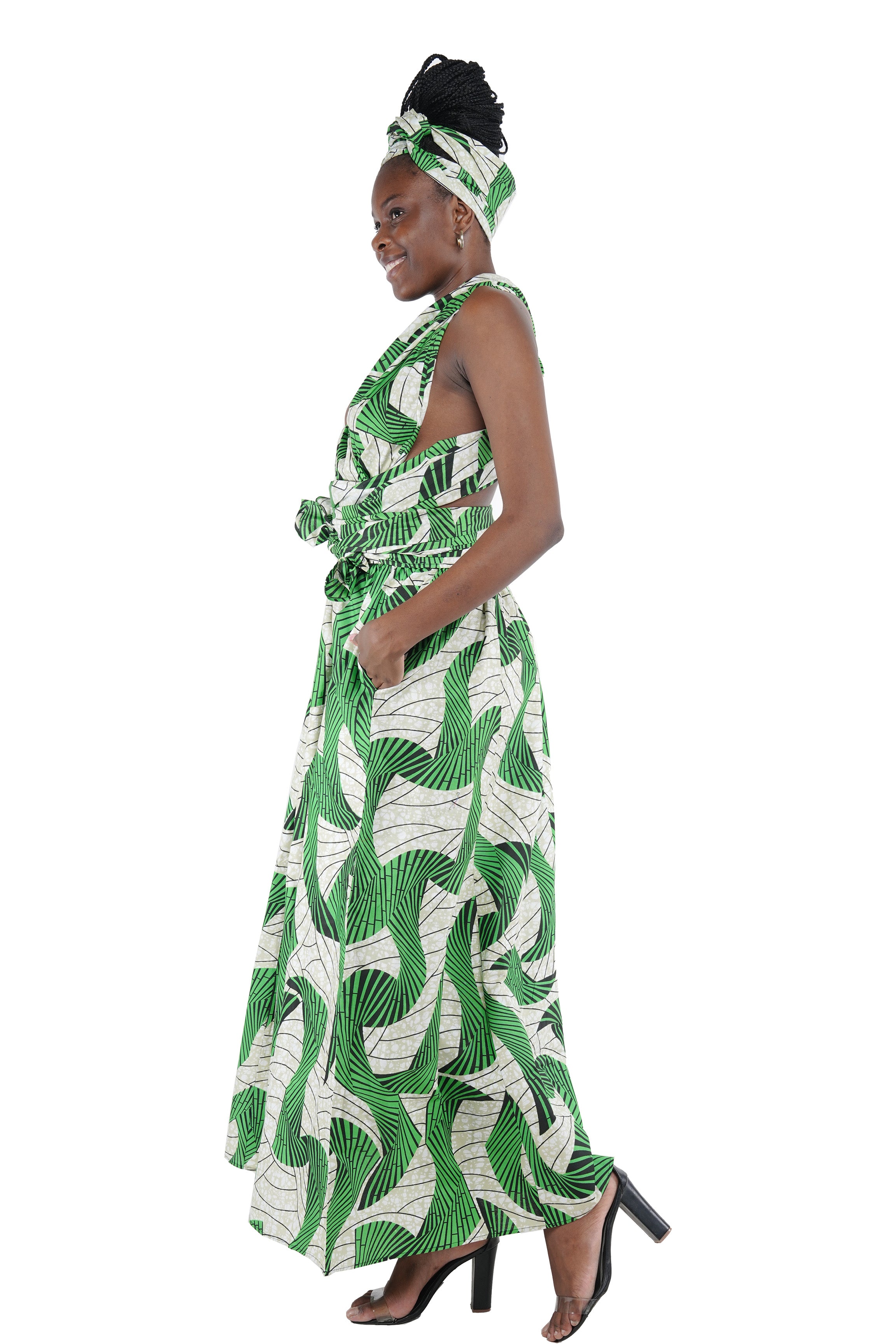 Ankara print long dress with pockets and head wrap