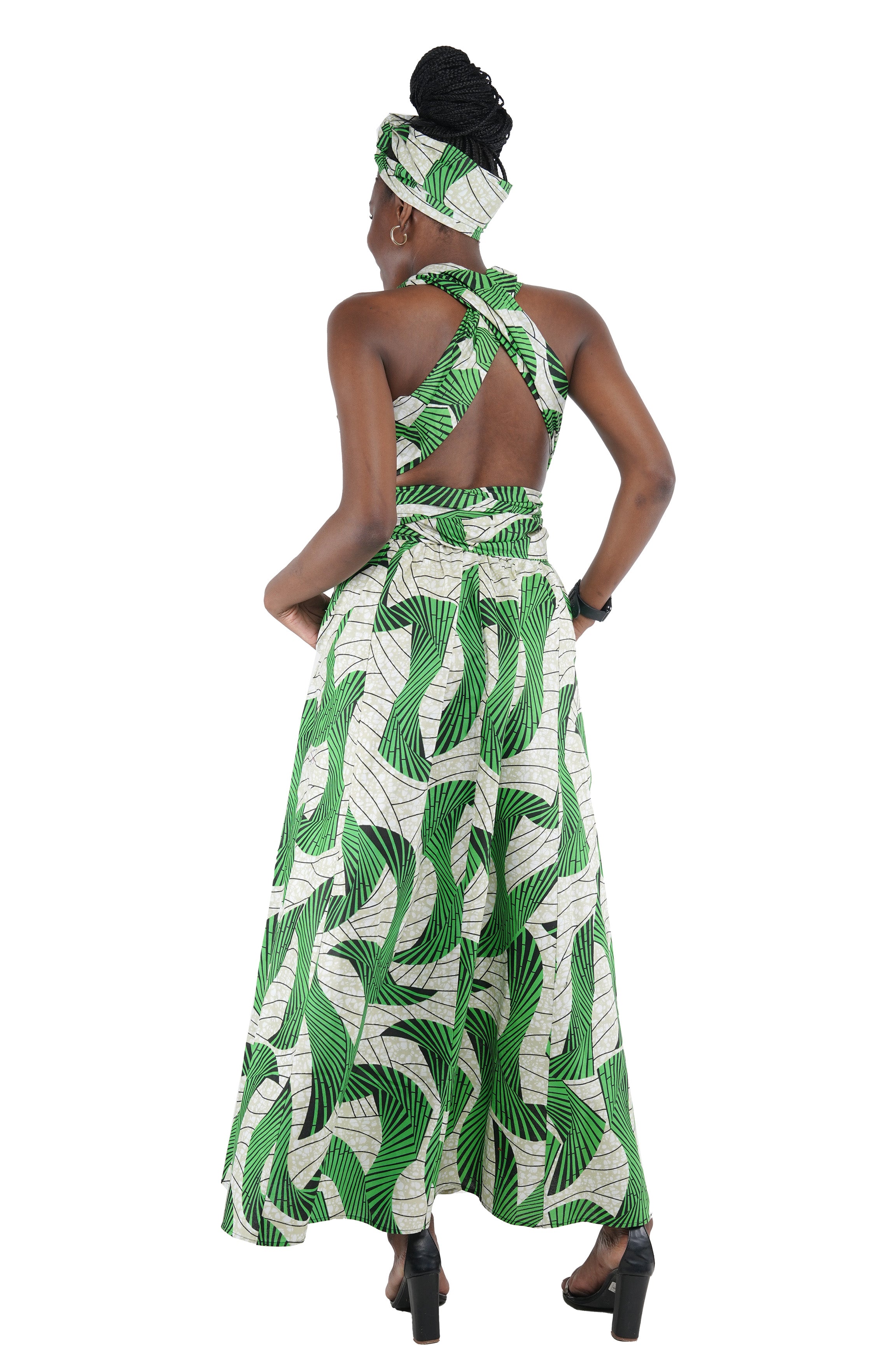 Back view of African print infinity dress – cotton maxi design