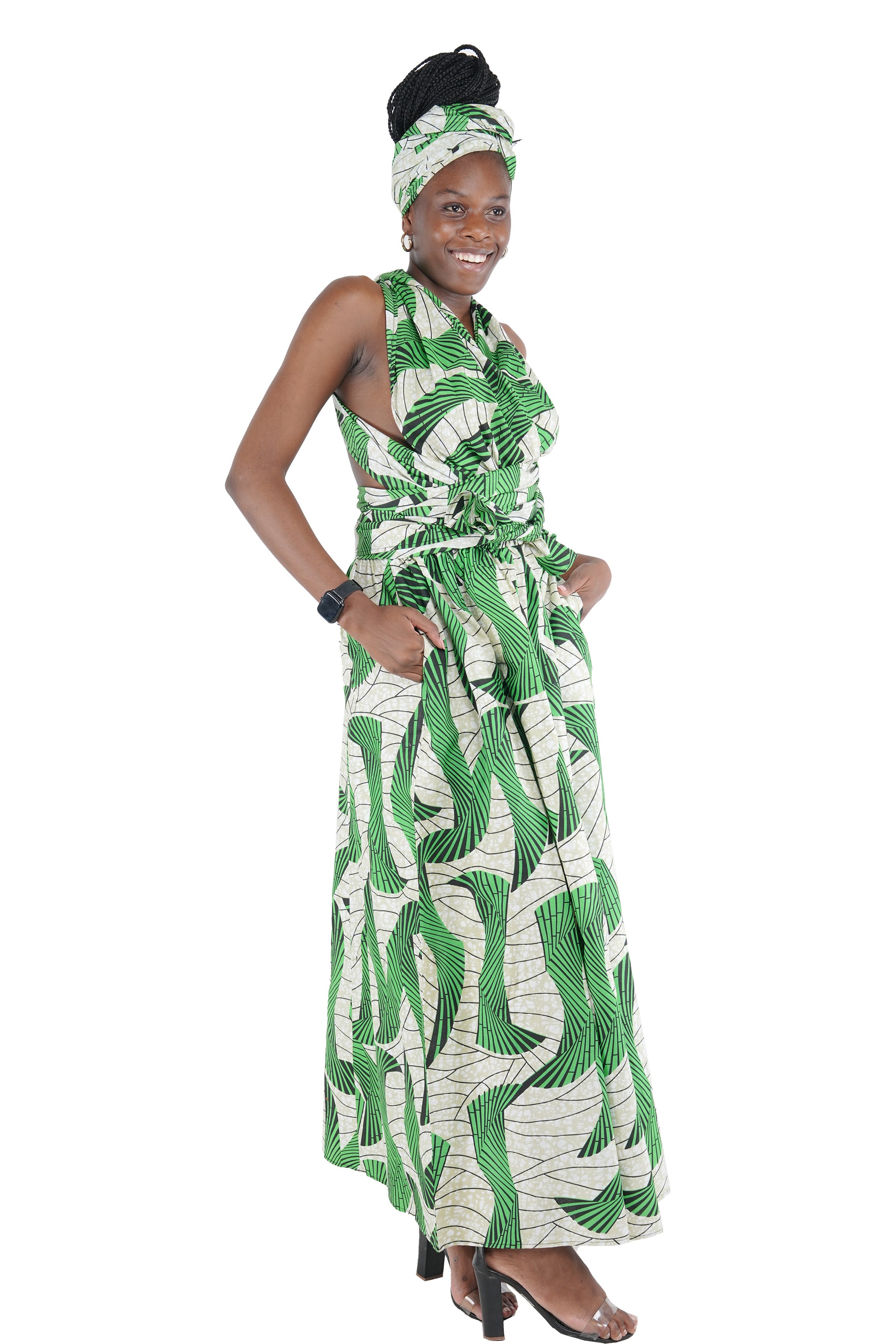 Ankara print long dress with pockets and head wrap – side view