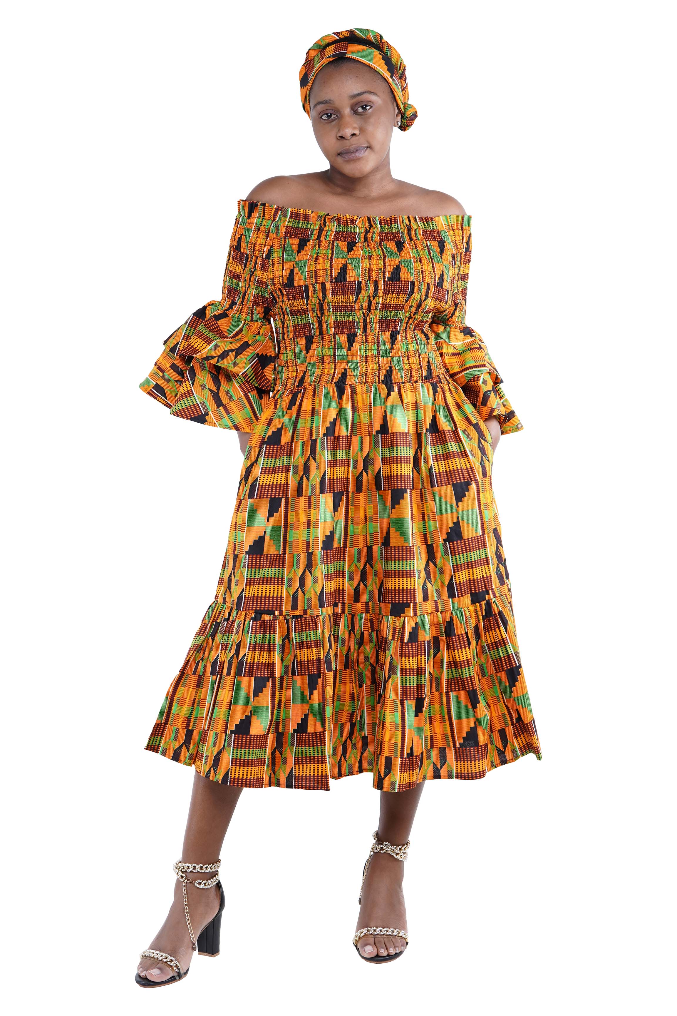 Kente Midi Frill Neck Smoked Dress