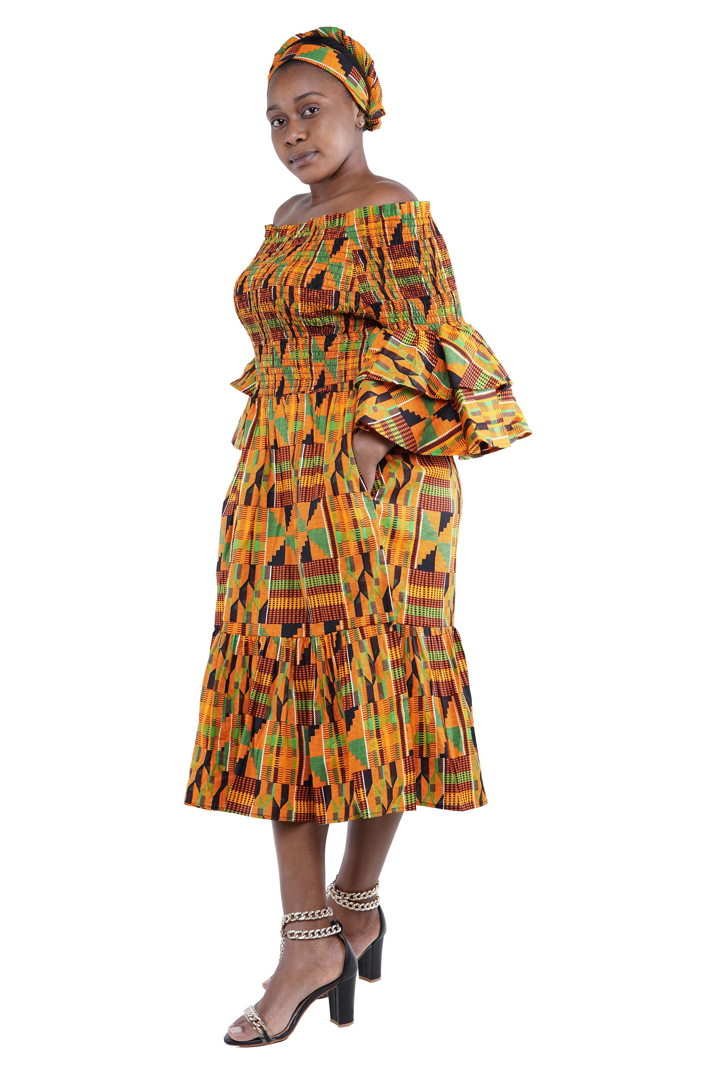 Kente Midi Frill Neck Smoked Dress