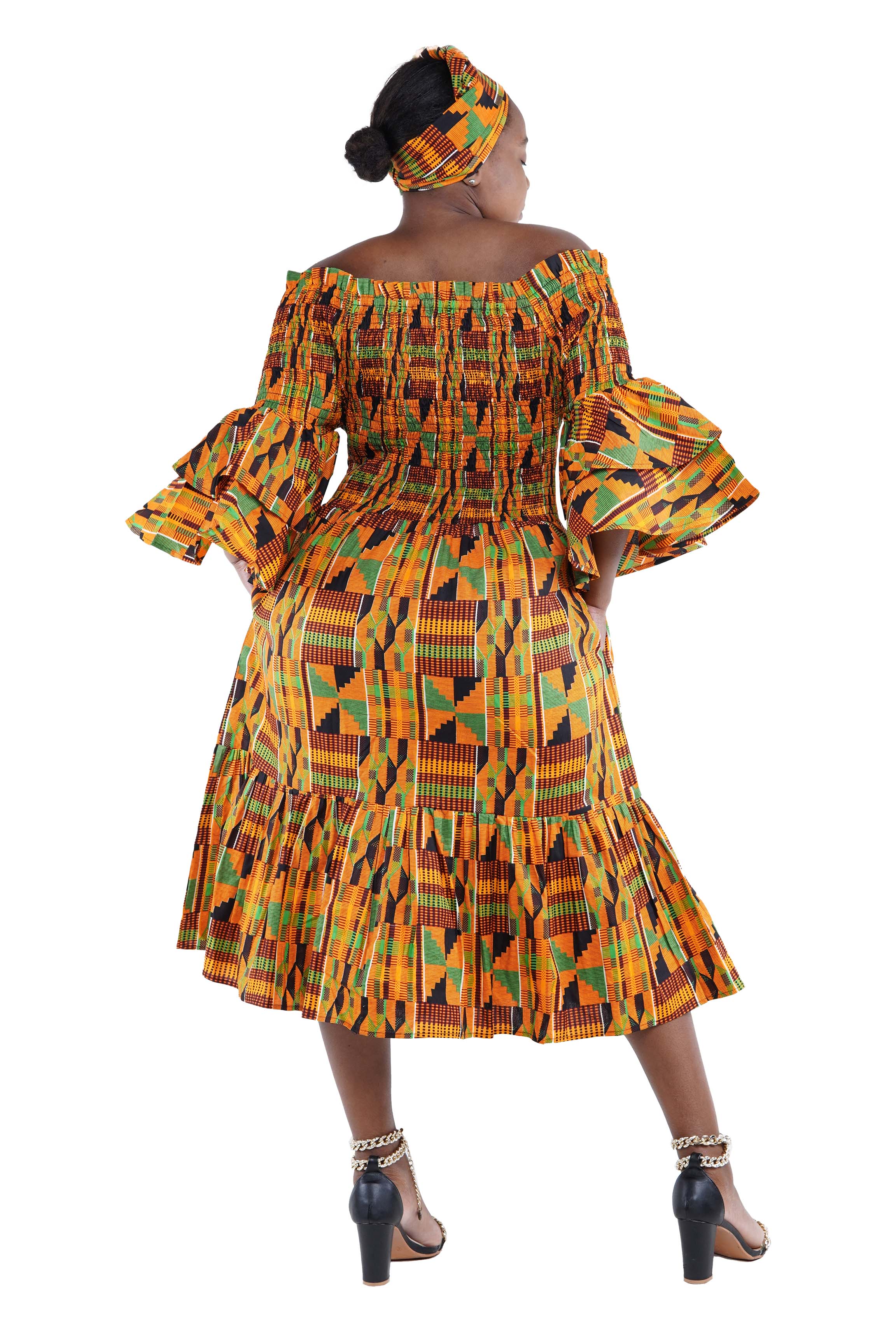 Kente Midi Frill Neck Smoked Dress