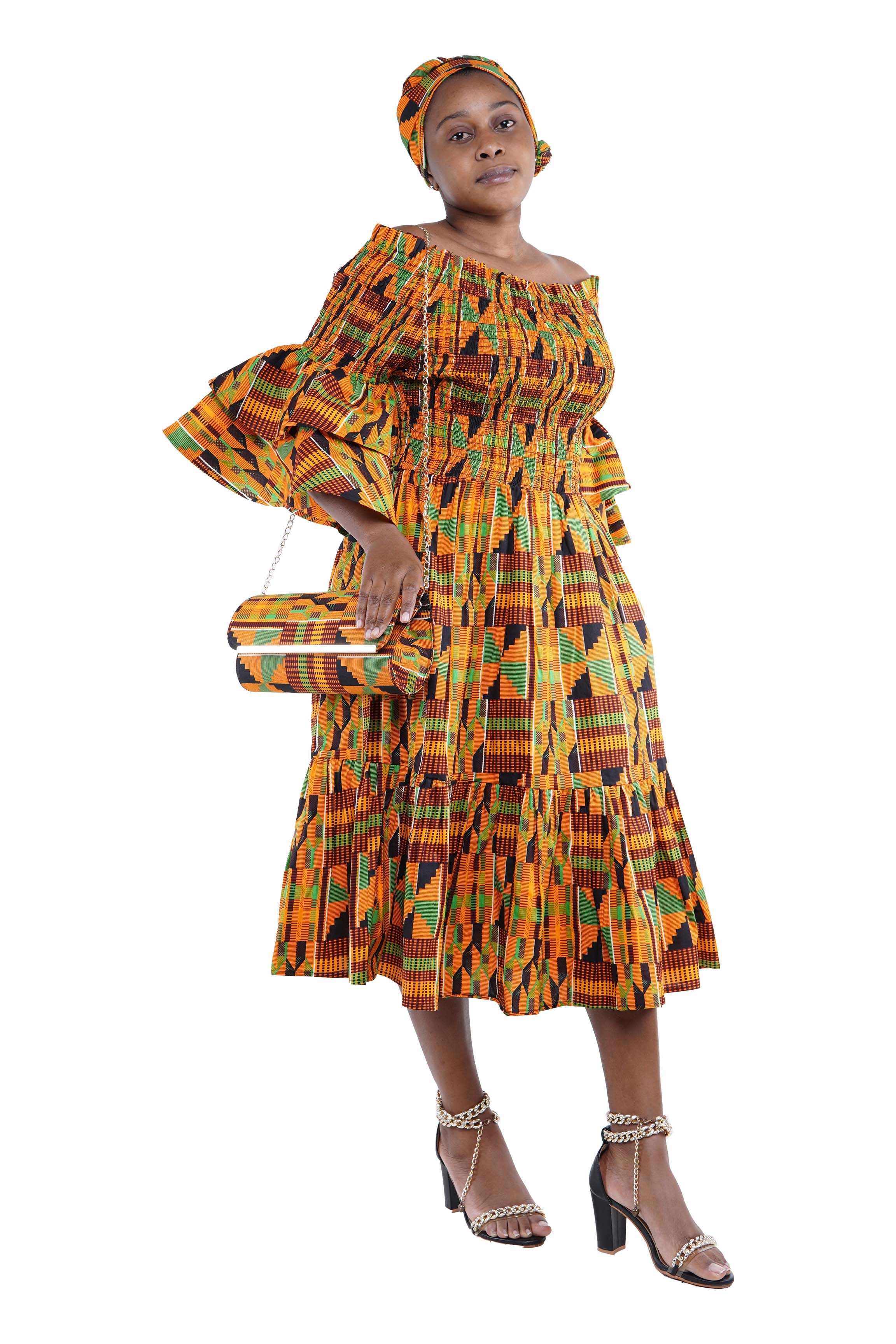 Kente Midi Frill Neck Smoked Dress