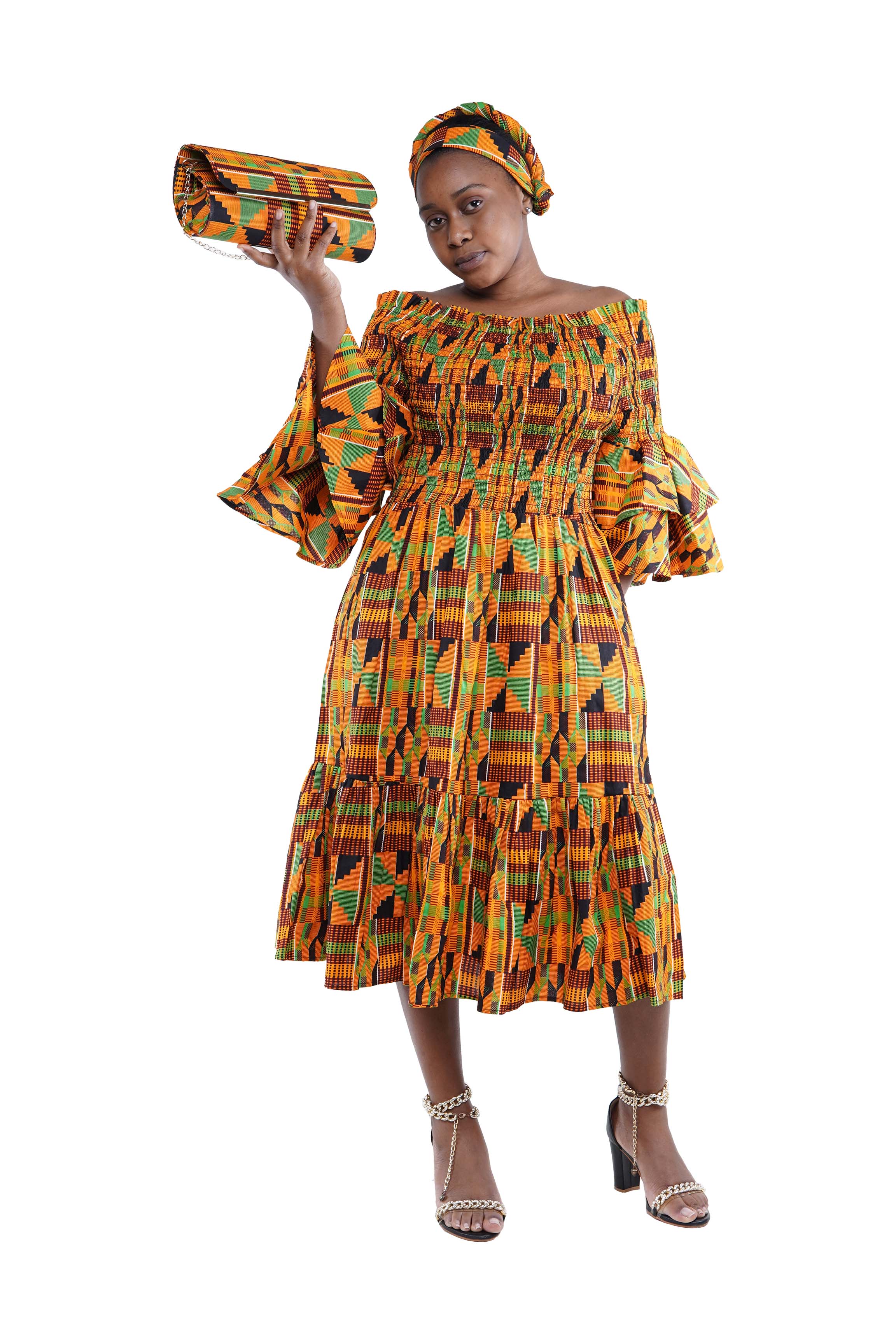 Kente Midi Frill Neck Smoked Dress