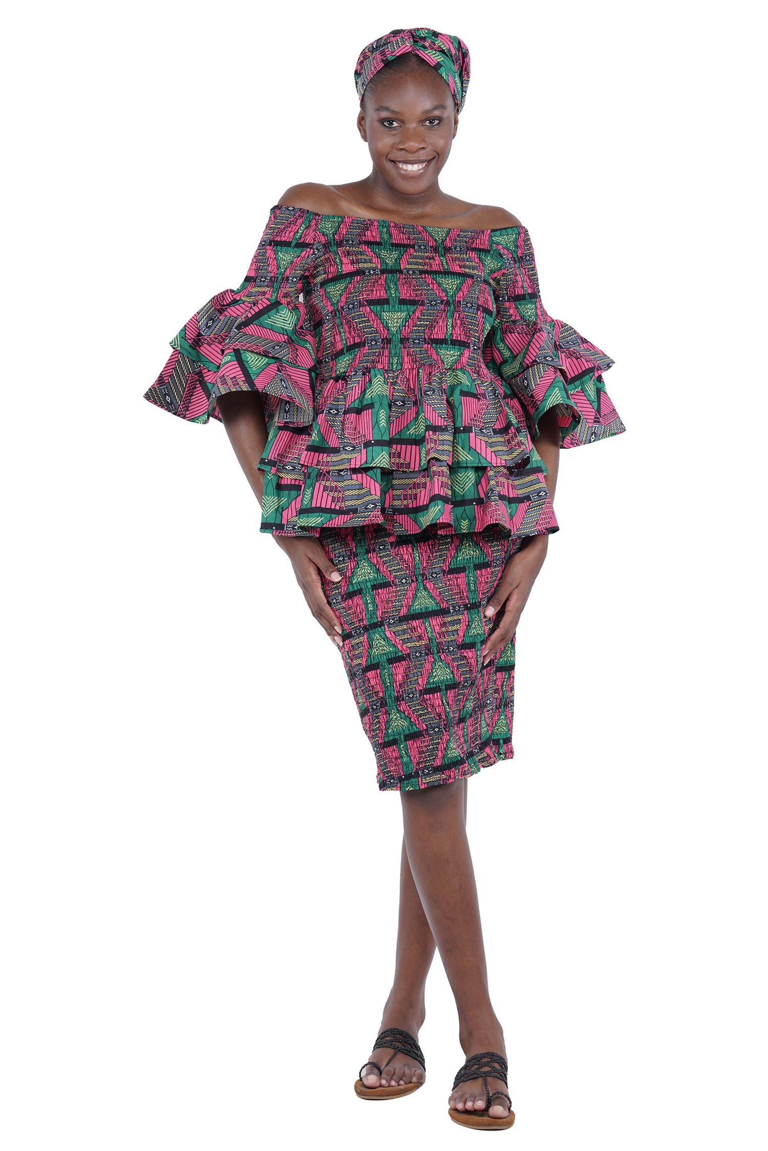 African Smocked Blouse & Skirt Set w/ Head Wrap | Ankara Dashiki Print Dress Attire, One Size