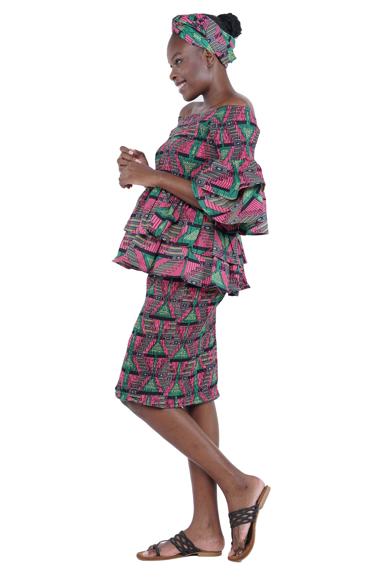 African Smocked Blouse & Skirt Set w/ Head Wrap | Ankara Dashiki Print Dress Attire, One Size