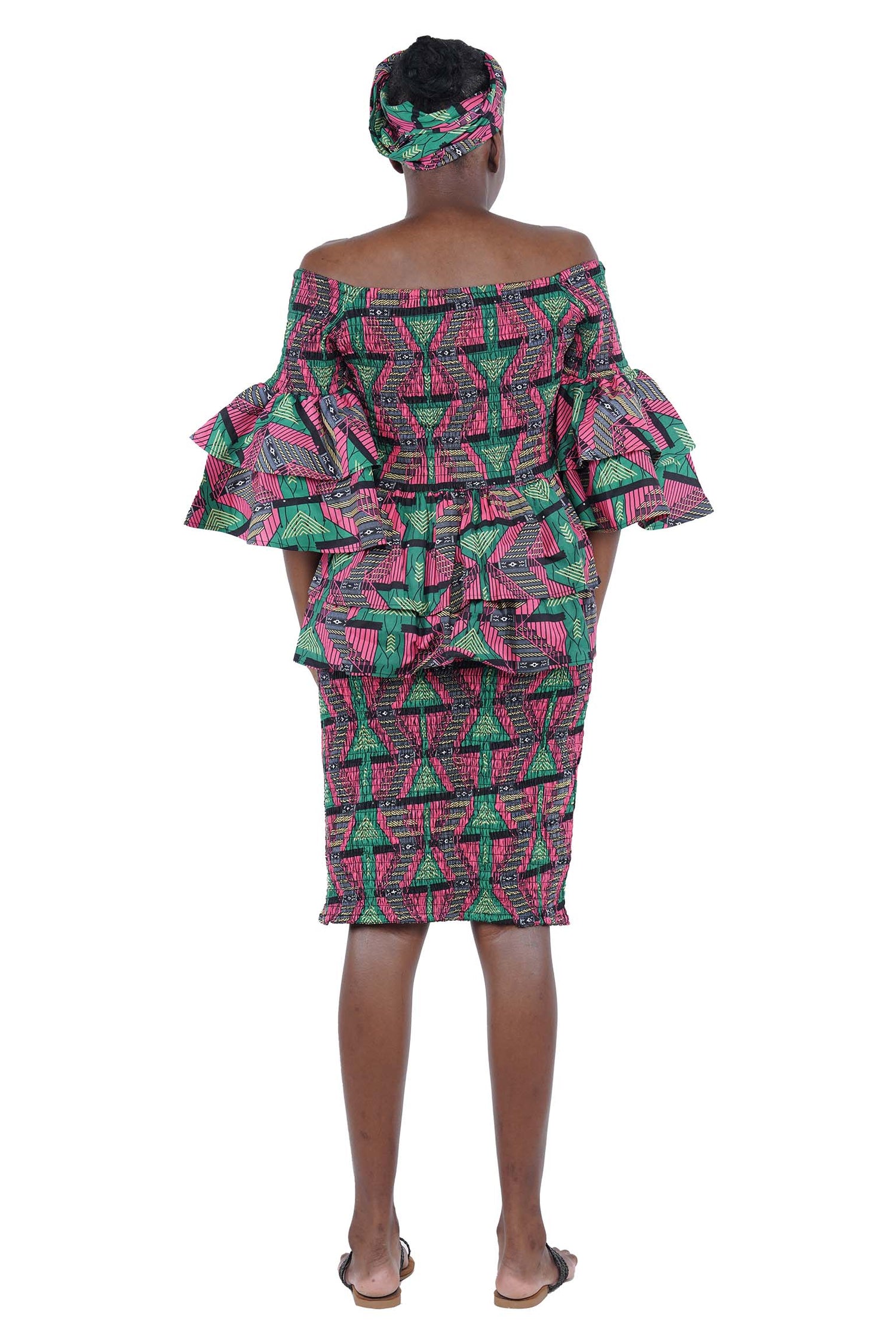 African Smocked Blouse & Skirt Set w/ Head Wrap | Ankara Dashiki Print Dress Attire, One Size