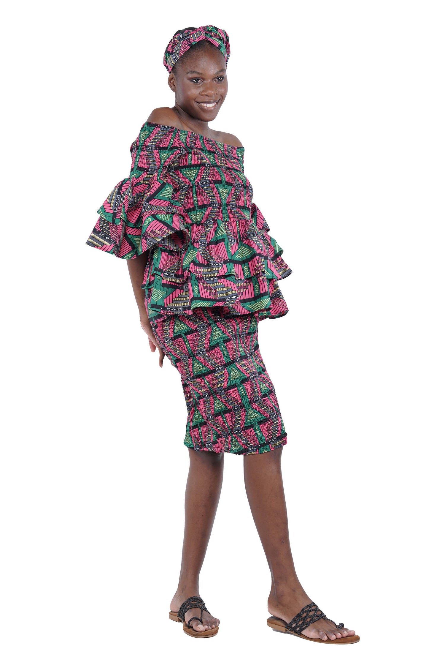 African Smocked Blouse & Skirt Set w/ Head Wrap | Ankara Dashiki Print Dress Attire, One Size