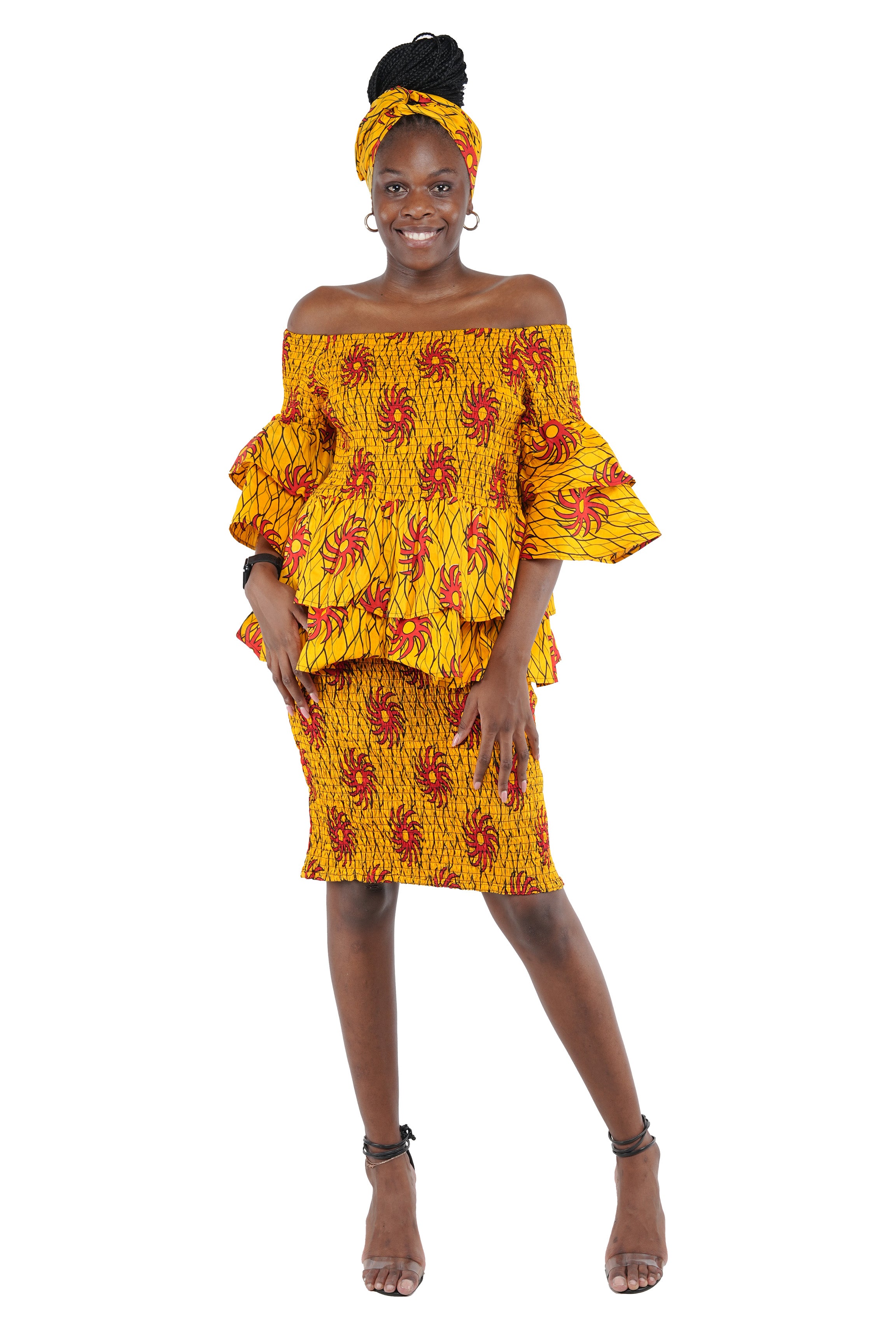 African Smocked Blouse & Skirt Set w/ Head Wrap | Ankara Dashiki Print Dress Attire, One Size