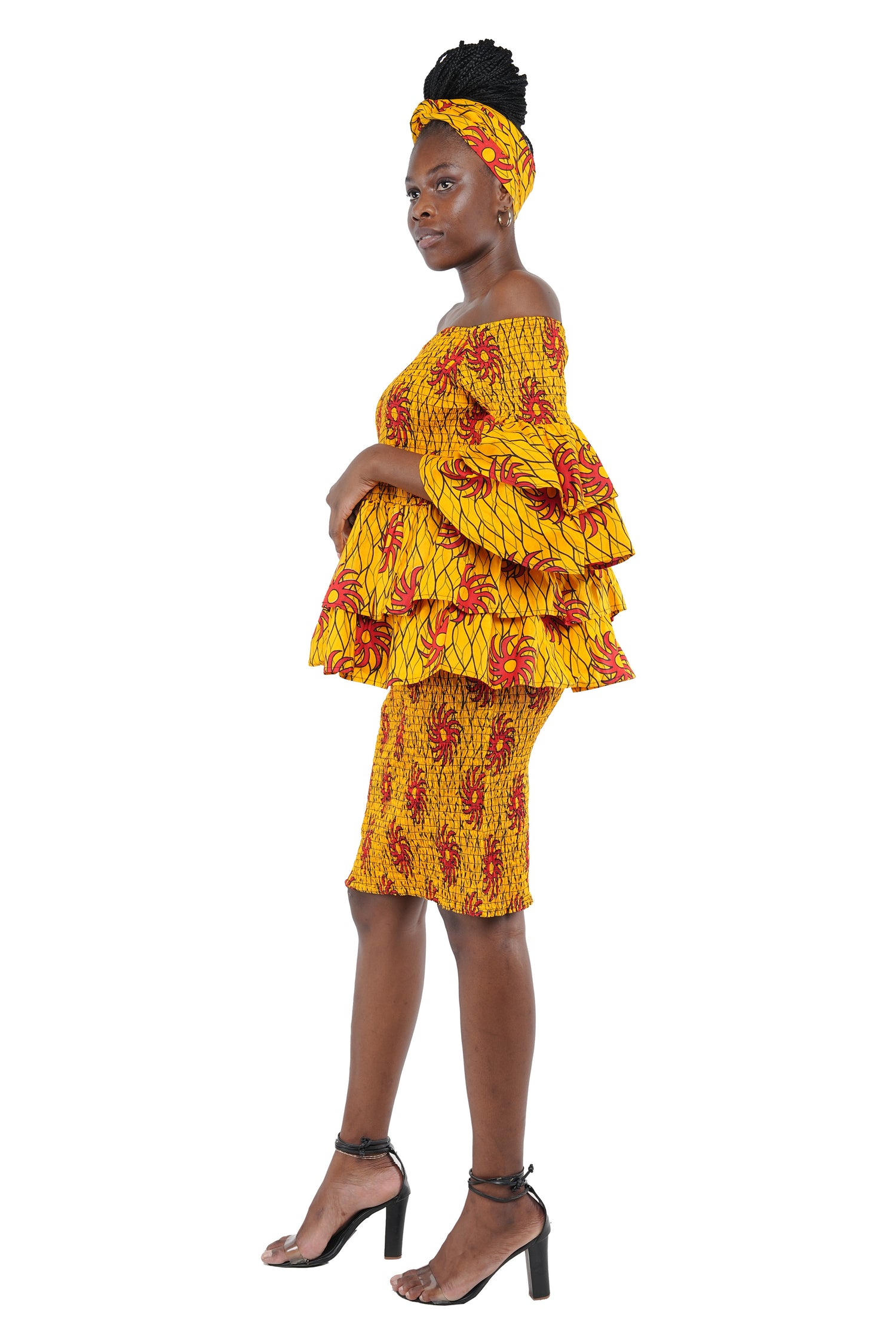 African Smocked Blouse & Skirt Set w/ Head Wrap | Ankara Dashiki Print Dress Attire, One Size