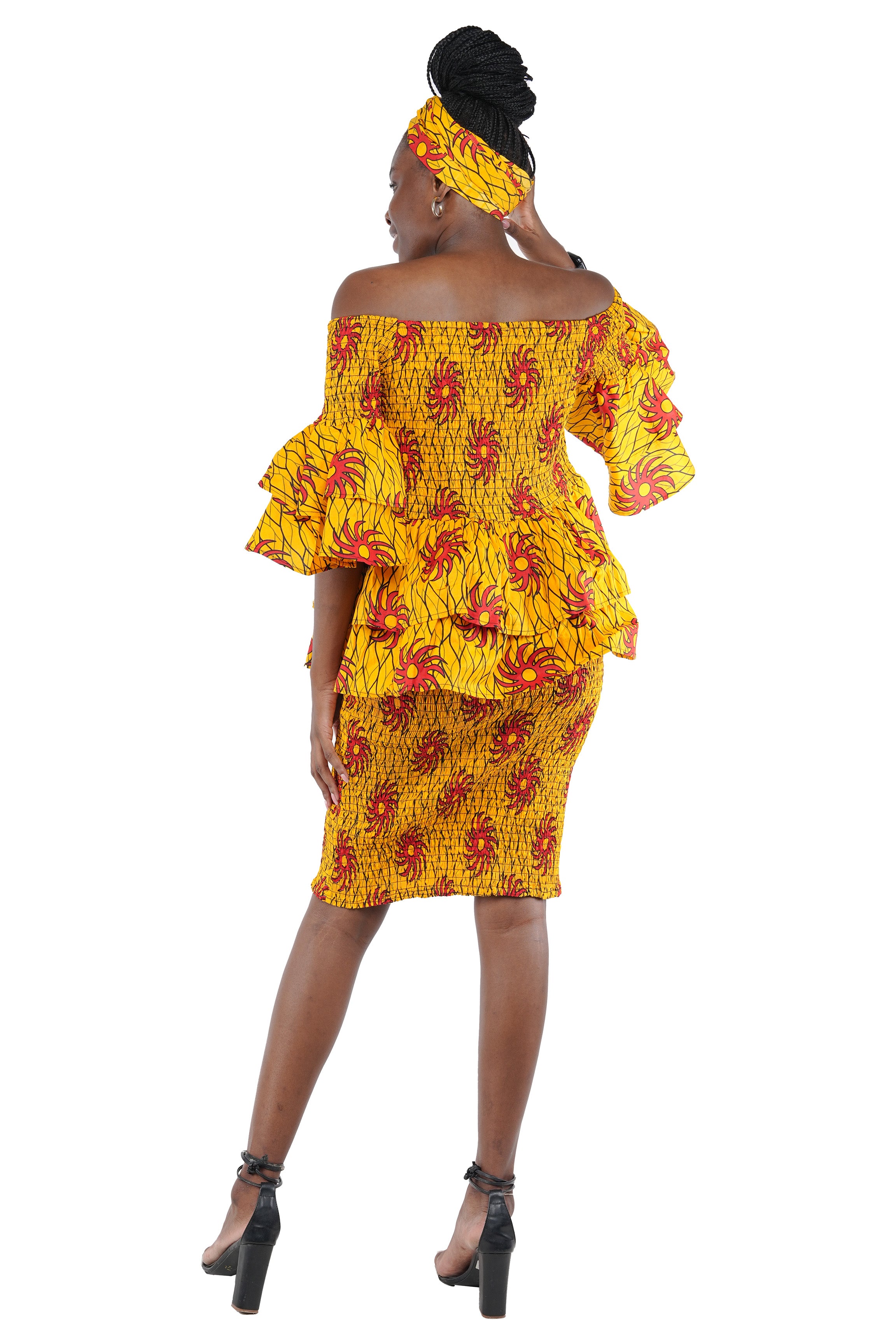 African Smocked Blouse & Skirt Set w/ Head Wrap | Ankara Dashiki Print Dress Attire, One Size