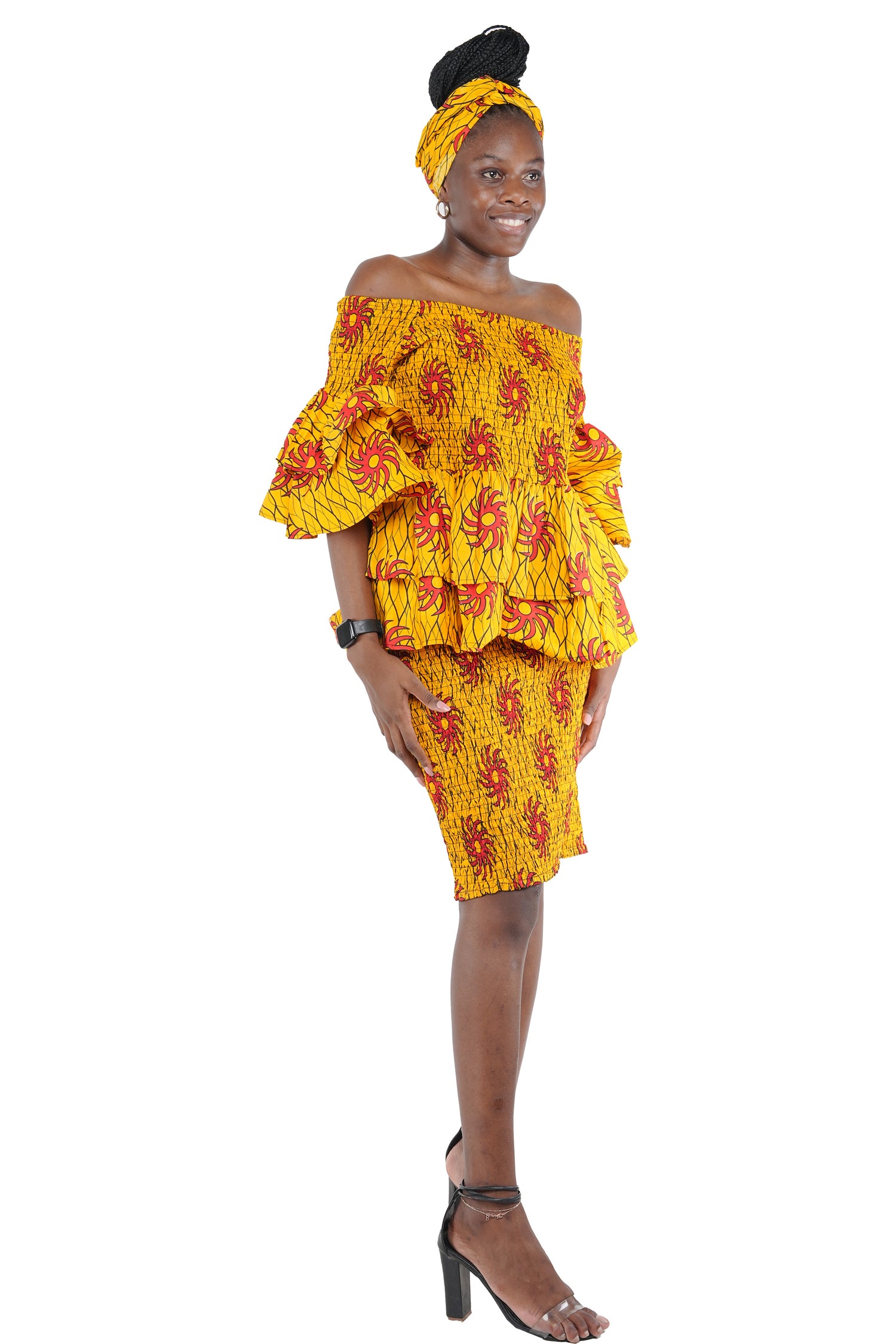 African Smocked Blouse & Skirt Set w/ Head Wrap | Ankara Dashiki Print Dress Attire, One Size