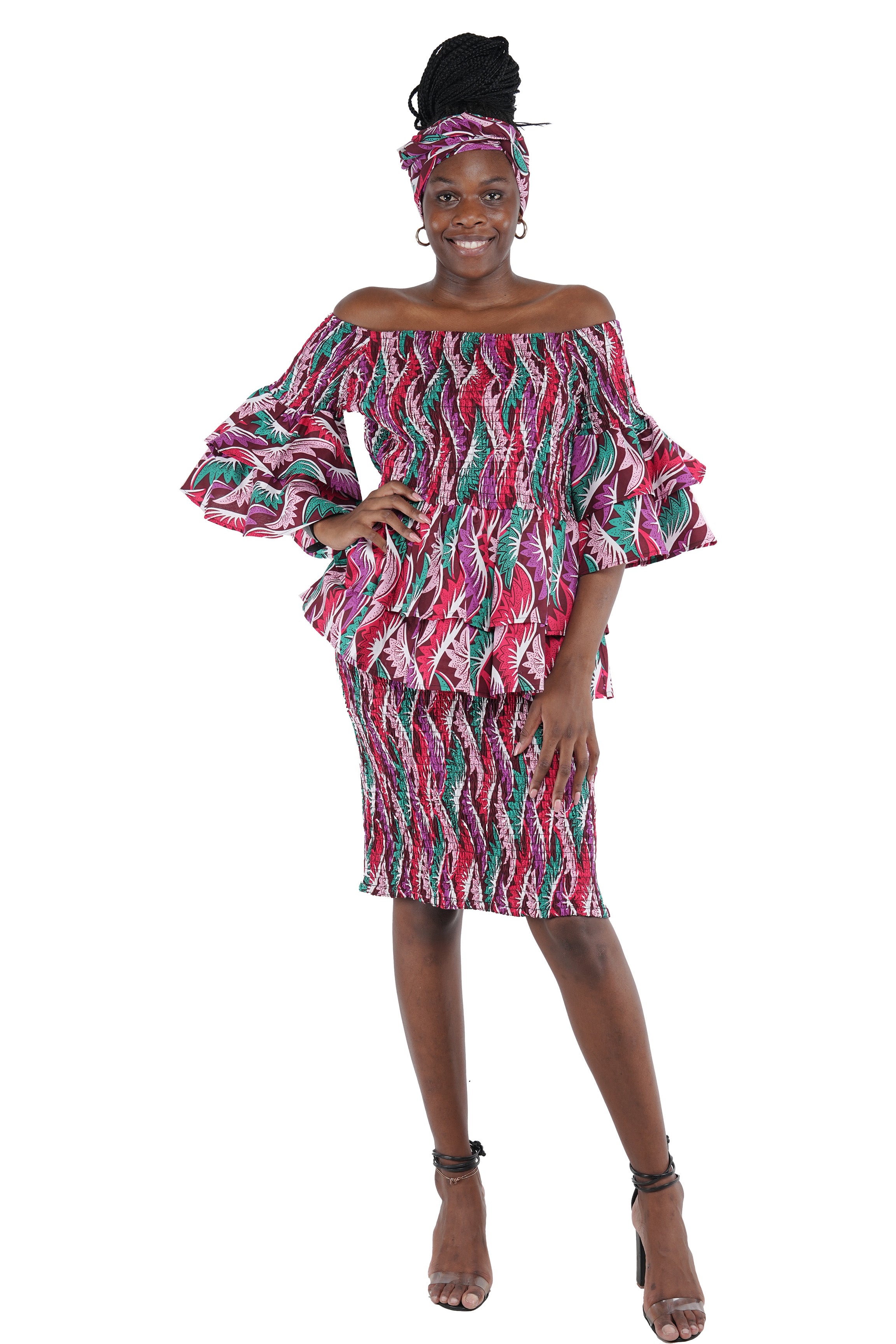 African Smocked Blouse & Skirt Set w/ Head Wrap | Ankara Dashiki Print Dress Attire, One Size