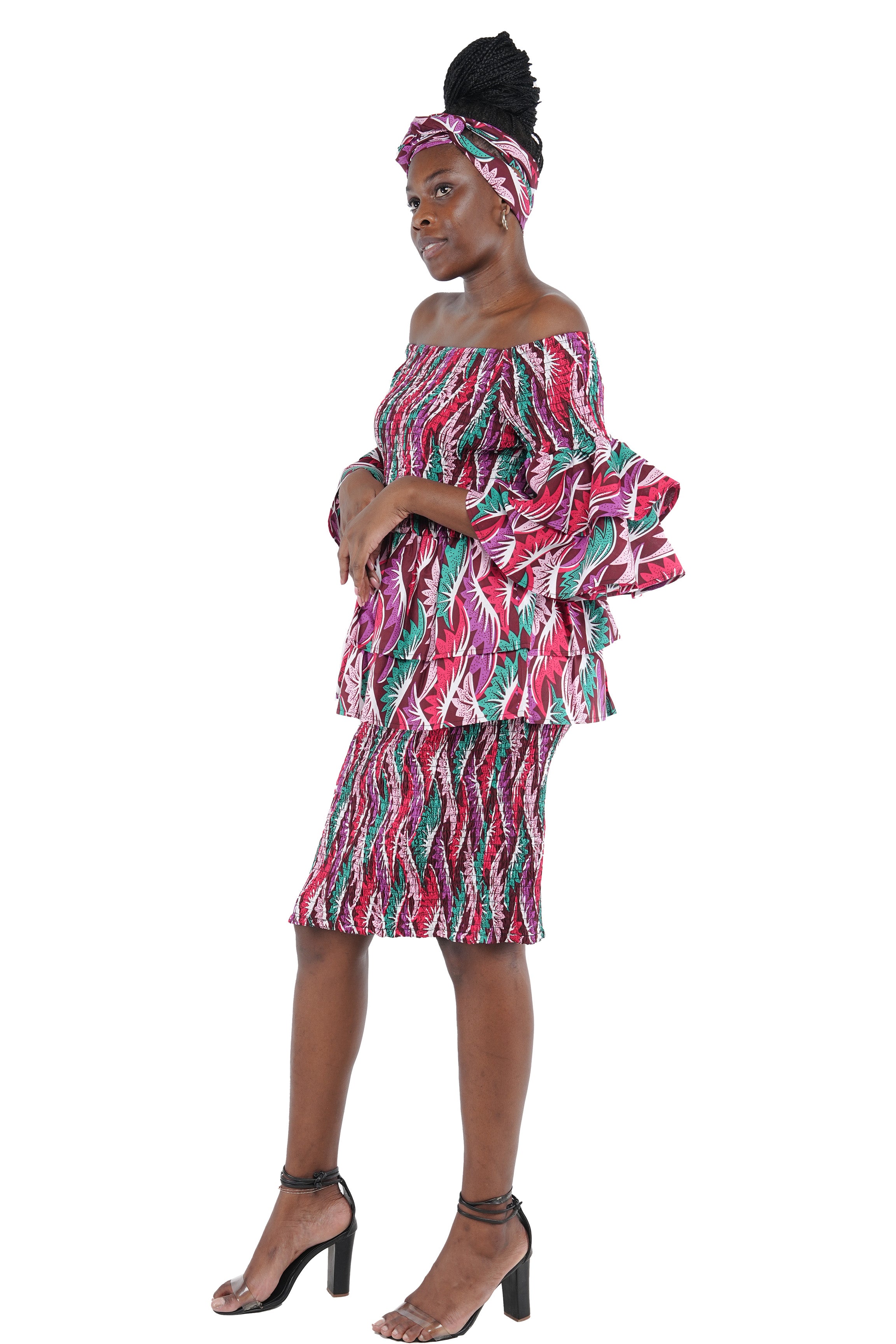 African Smocked Blouse & Skirt Set w/ Head Wrap | Ankara Dashiki Print Dress Attire, One Size