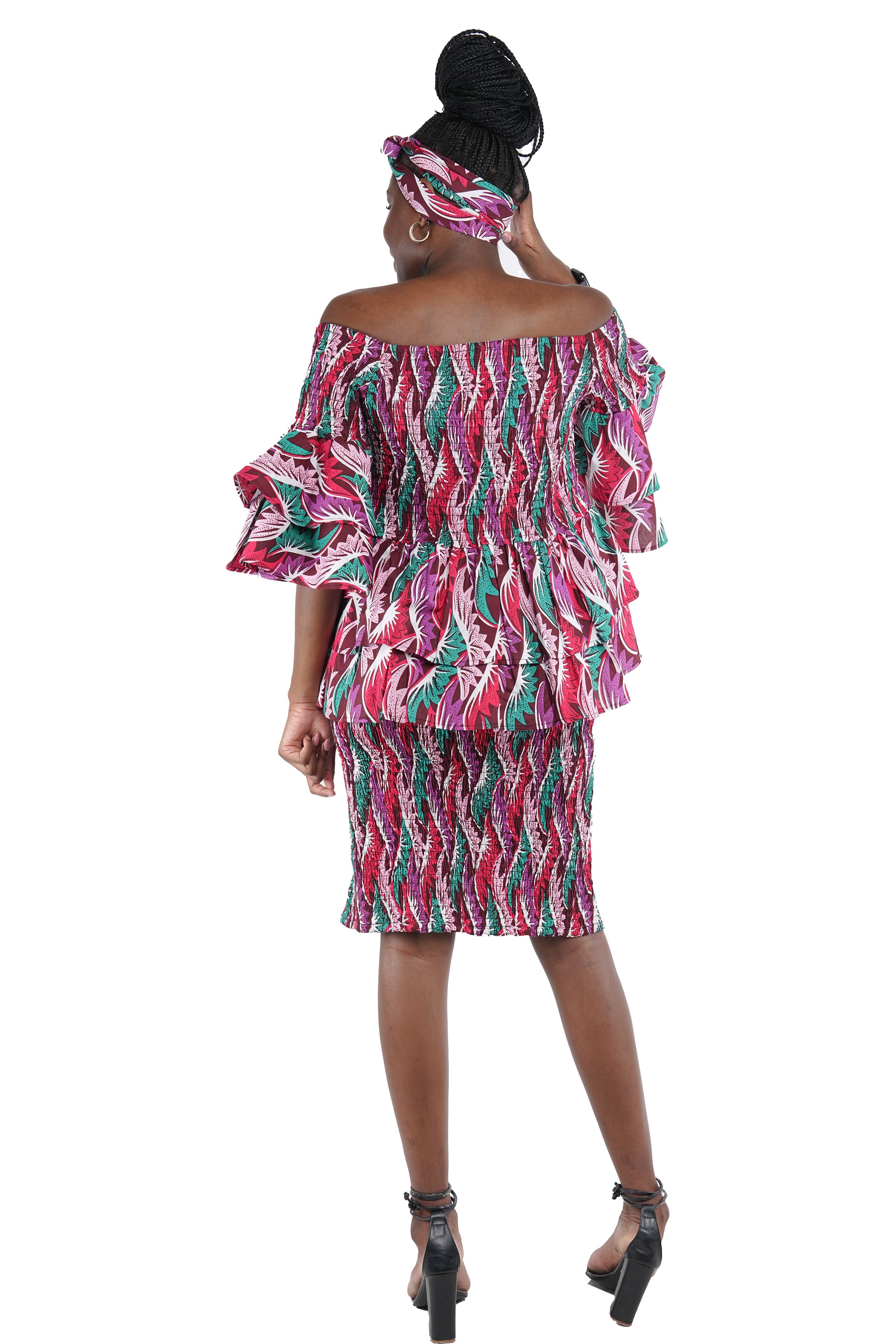 African Smocked Blouse & Skirt Set w/ Head Wrap | Ankara Dashiki Print Dress Attire, One Size