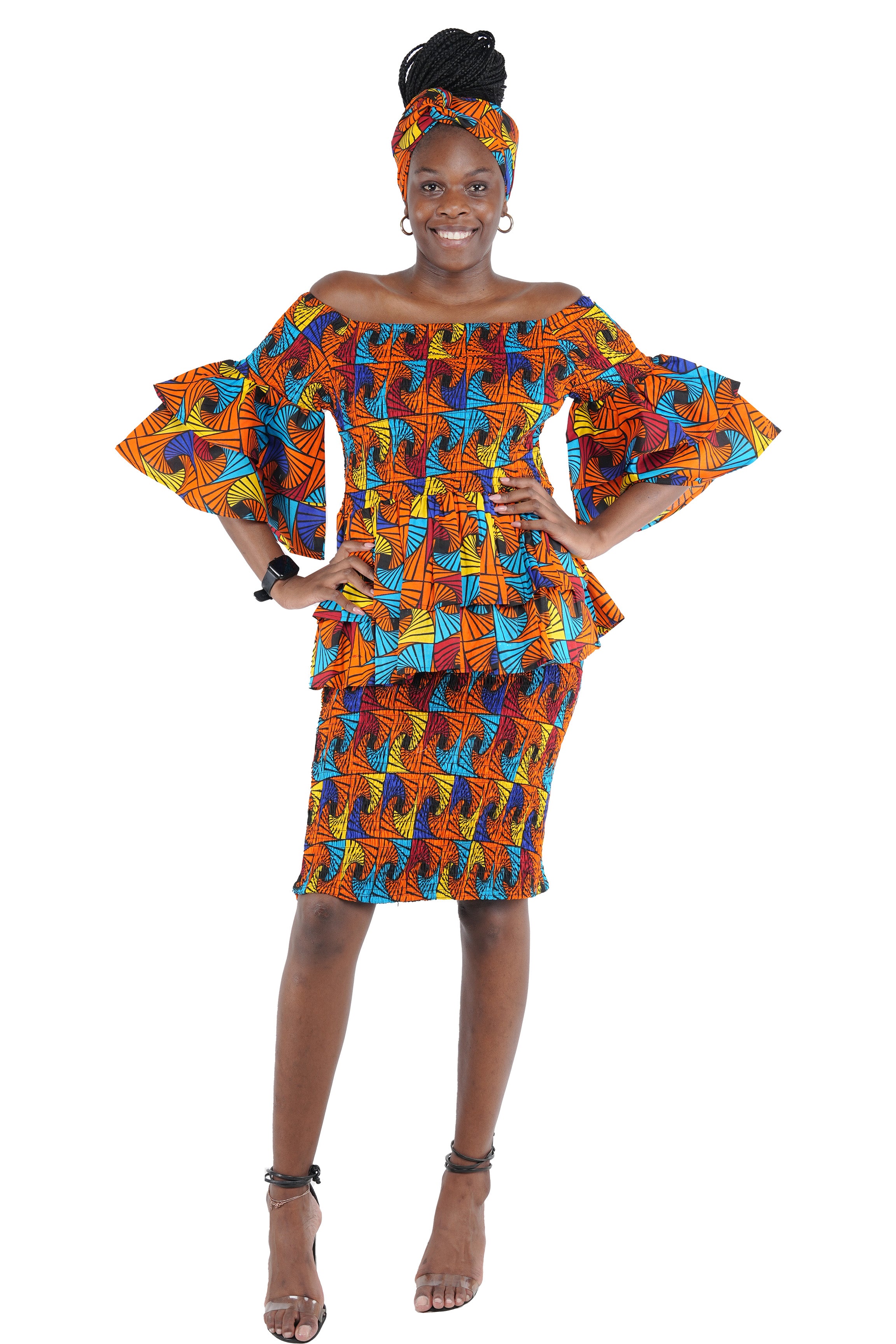 African Smocked Blouse & Skirt Set w/ Head Wrap | Ankara Dashiki Print Dress Attire, One Size