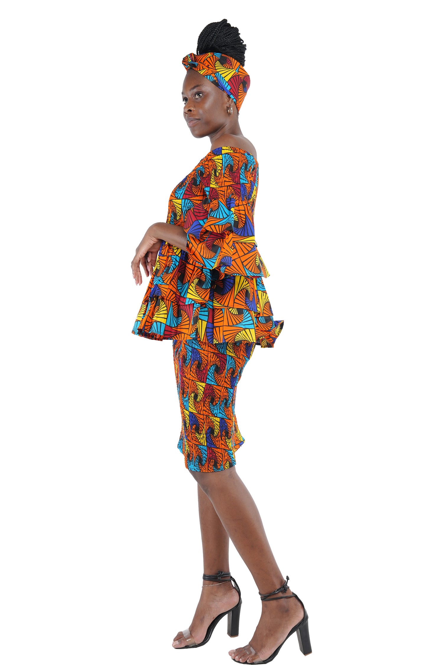 African Smocked Blouse & Skirt Set w/ Head Wrap | Ankara Dashiki Print Dress Attire, One Size