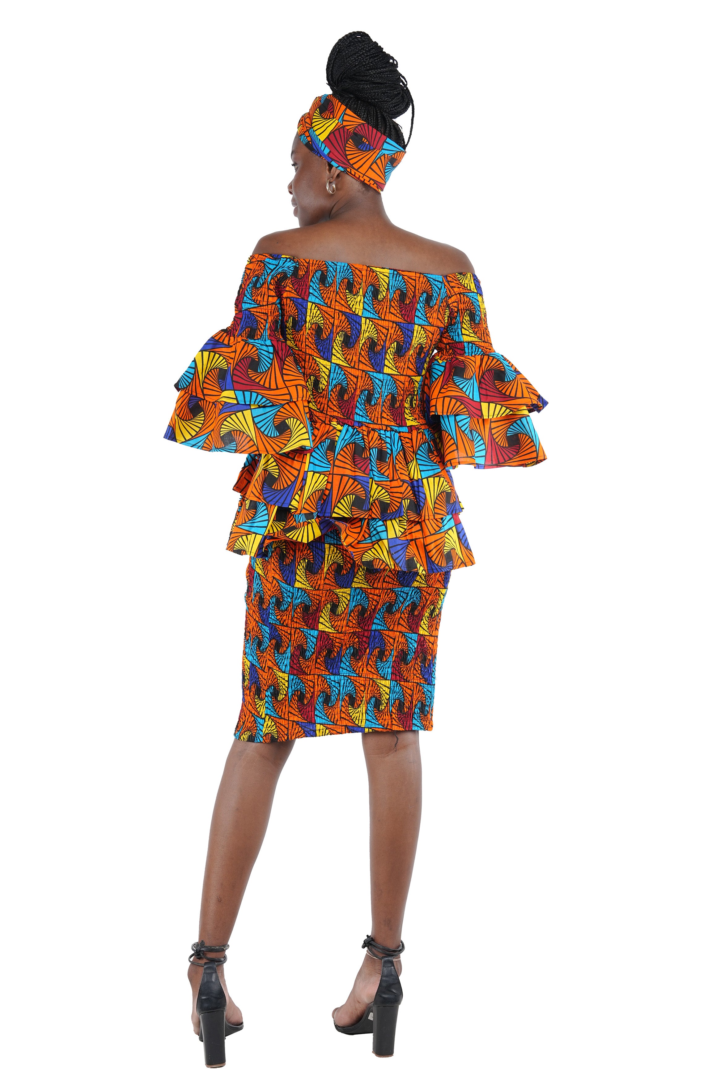 African Smocked Blouse & Skirt Set w/ Head Wrap | Ankara Dashiki Print Dress Attire, One Size