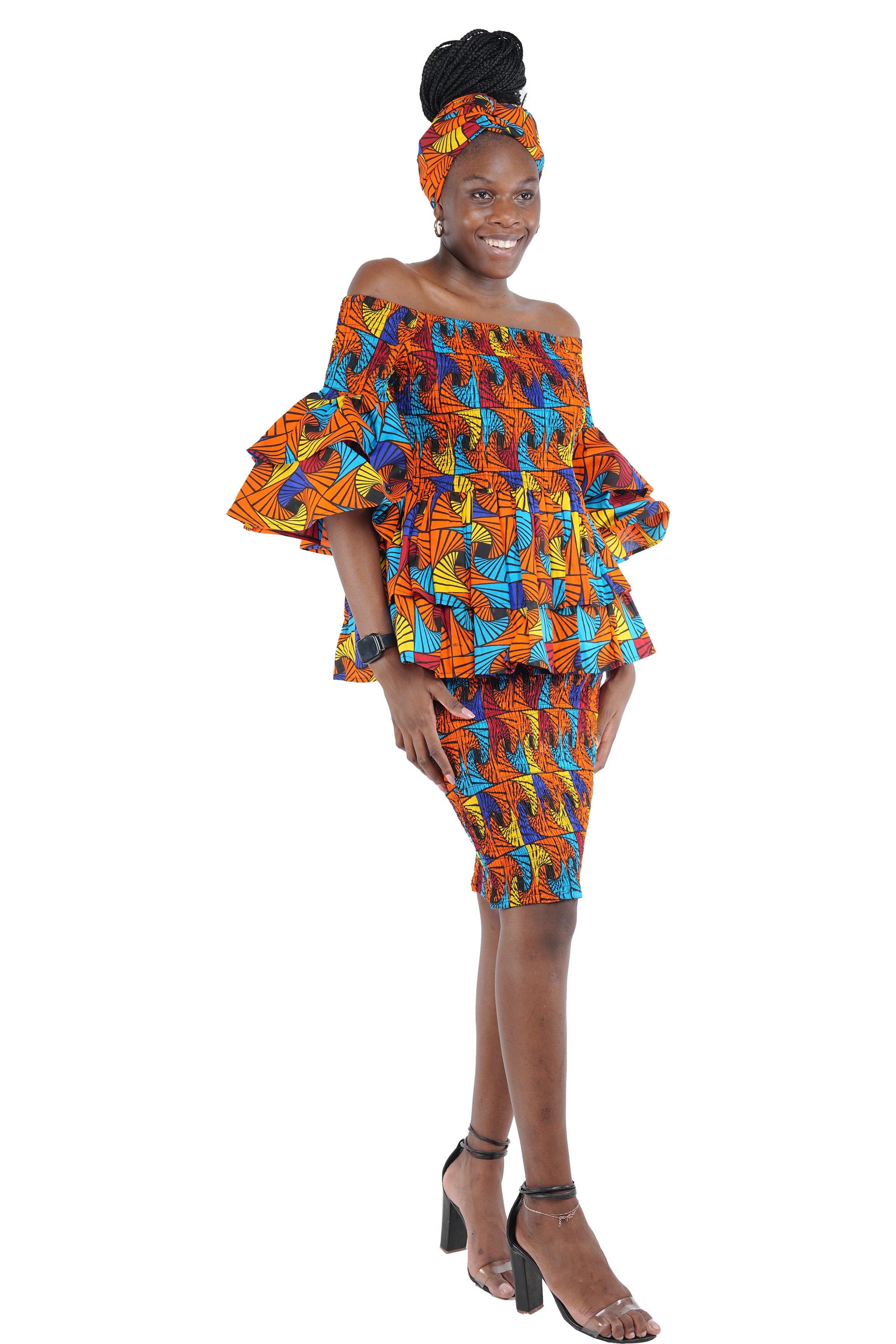 African Smocked Blouse & Skirt Set w/ Head Wrap | Ankara Dashiki Print Dress Attire, One Size