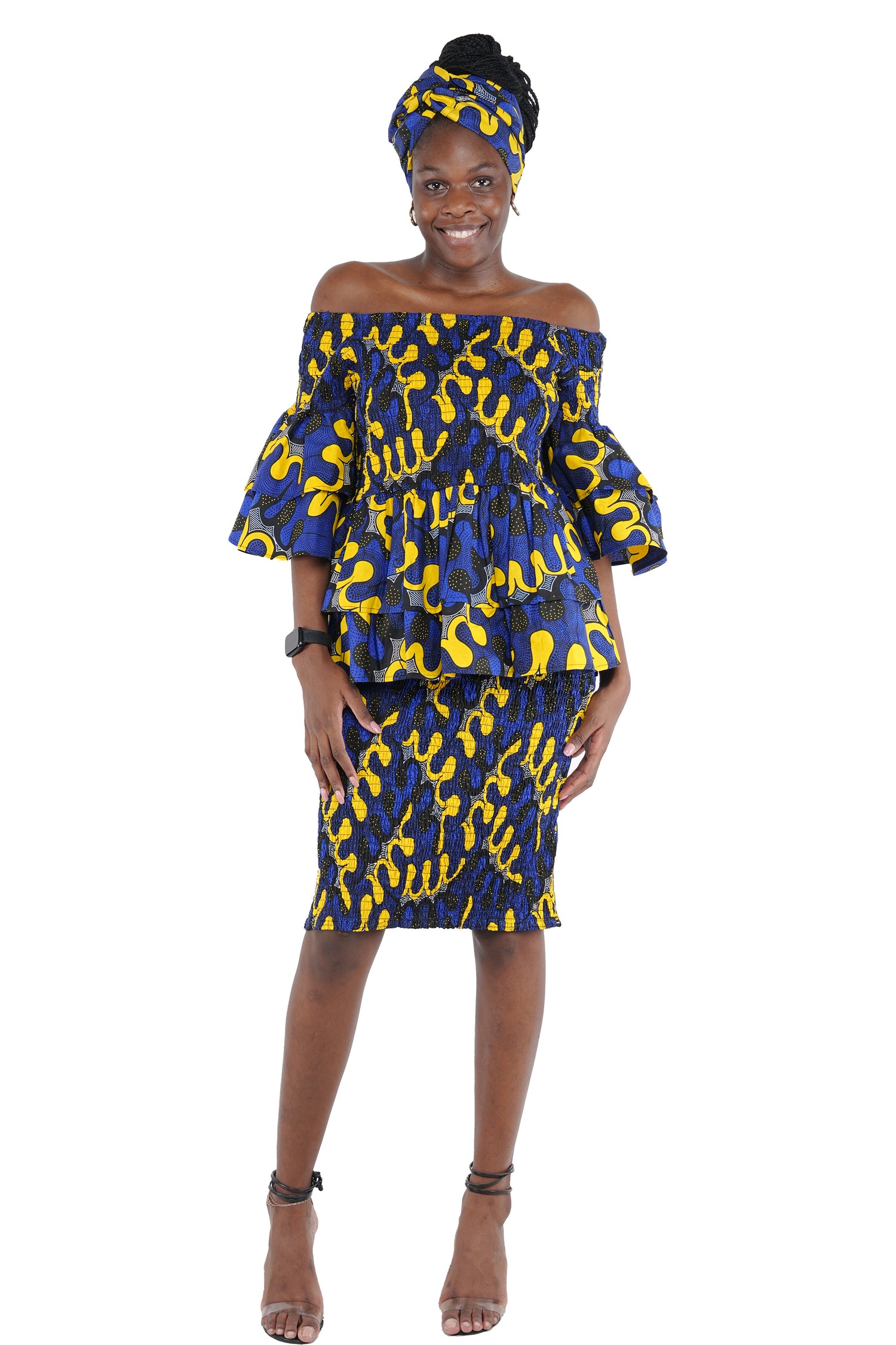 African Smocked Blouse & Skirt Set w/ Head Wrap | Ankara Dashiki Print Dress Attire, One Size