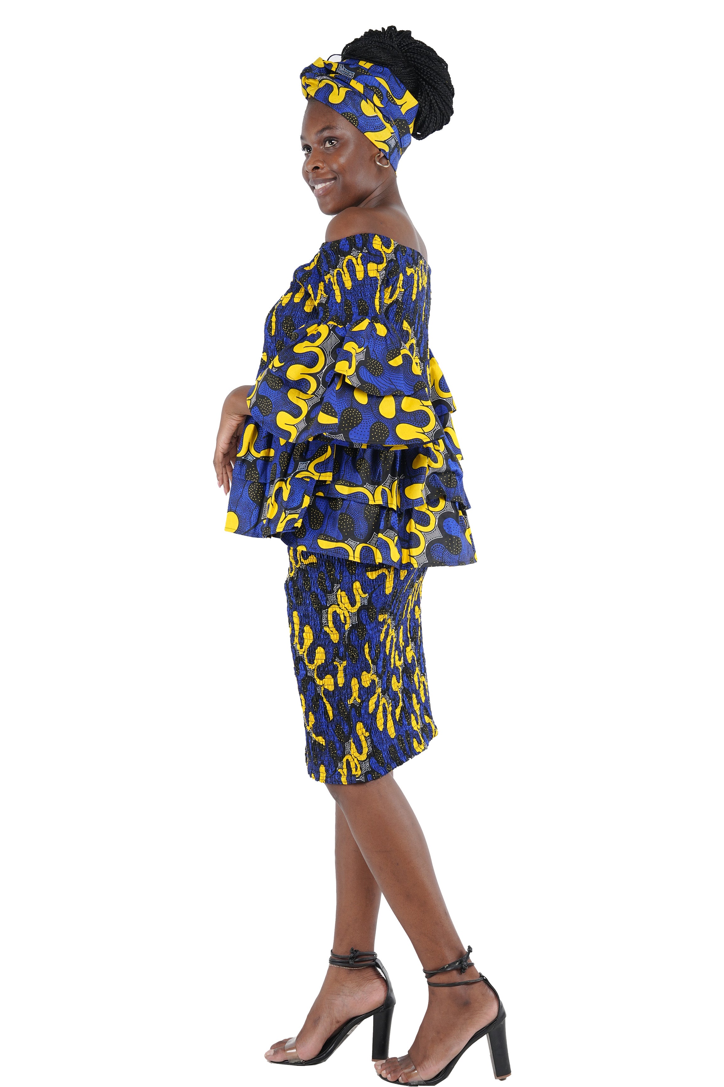 African Smocked Blouse & Skirt Set w/ Head Wrap | Ankara Dashiki Print Dress Attire, One Size