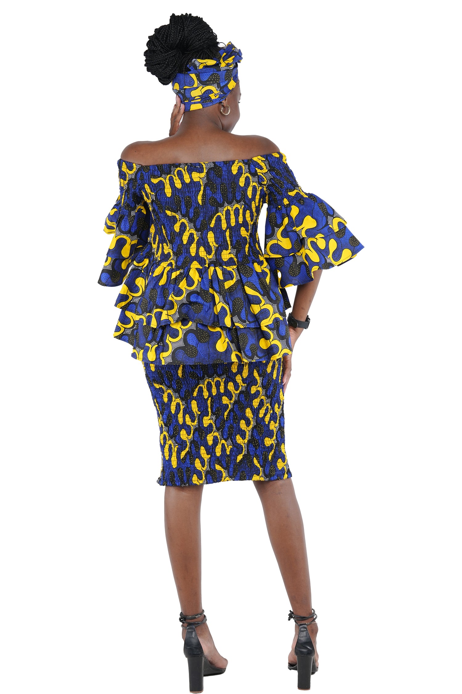 African Smocked Blouse & Skirt Set w/ Head Wrap | Ankara Dashiki Print Dress Attire, One Size
