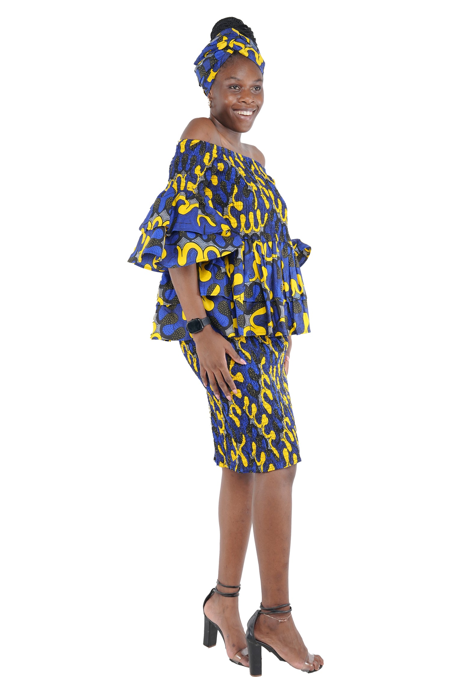 African Smocked Blouse & Skirt Set w/ Head Wrap | Ankara Dashiki Print Dress Attire, One Size