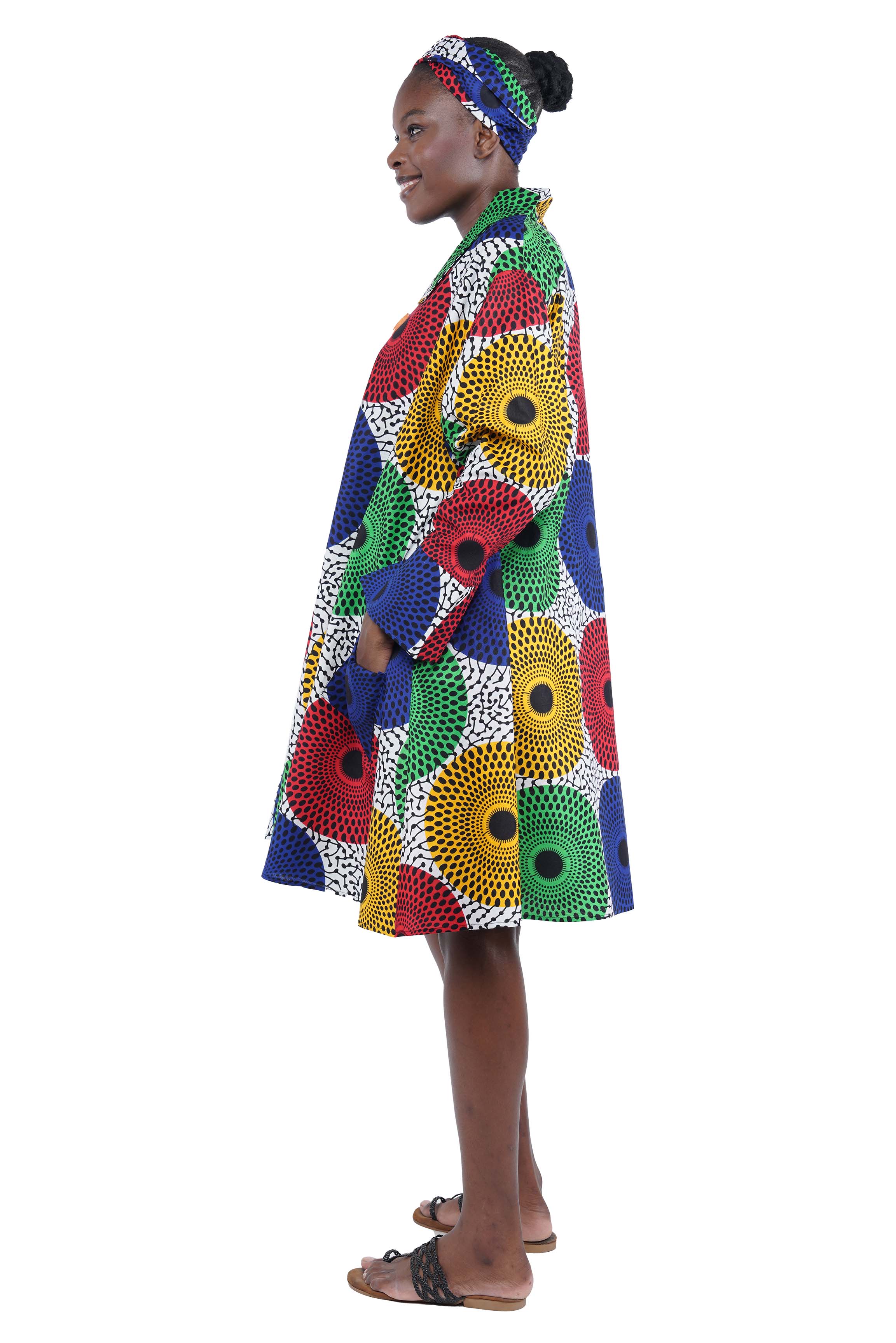 African Women Button Up Swing Dress with Head Wrap & Pockets – Cotton