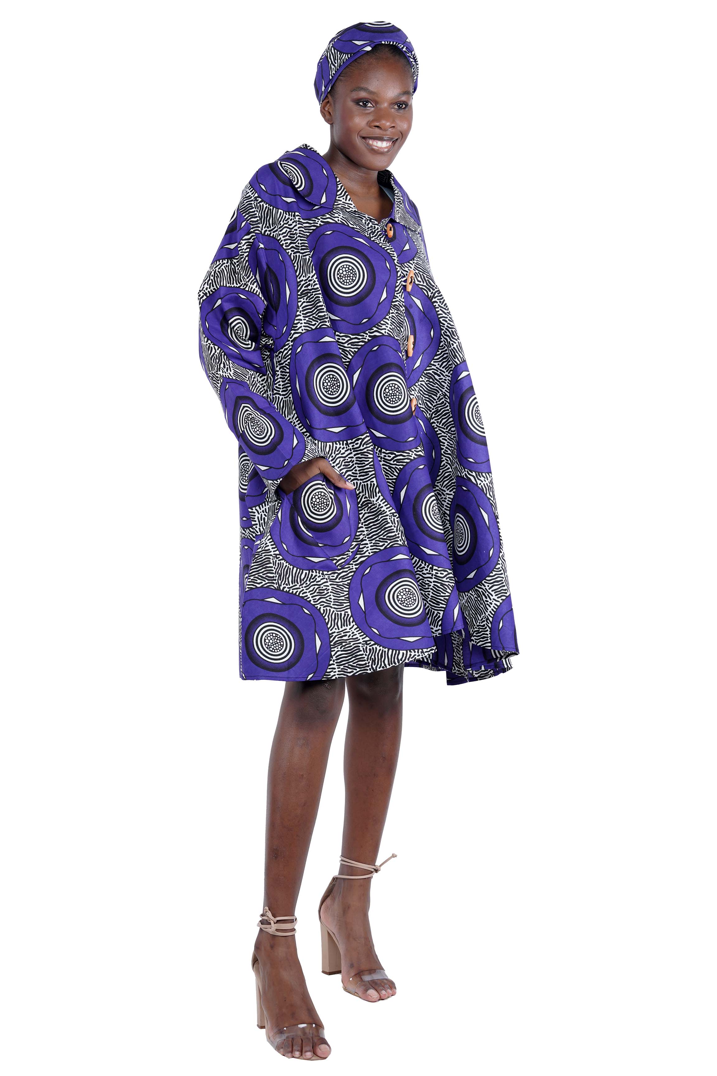 African Women Button Up Swing Dress with Head Wrap & Pockets – Cotton