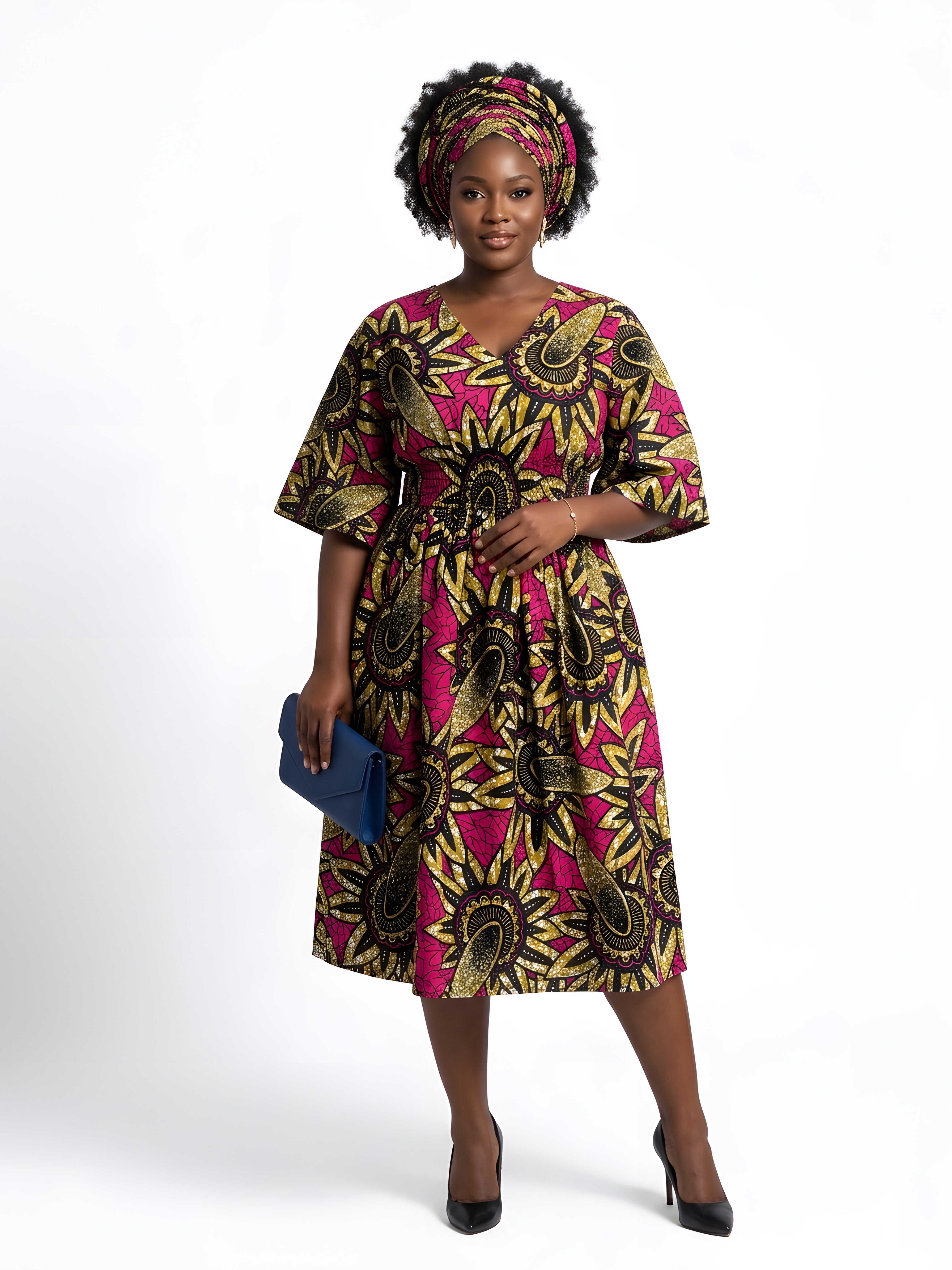 African Print Midi Dress with Matching Headwrap | One Size