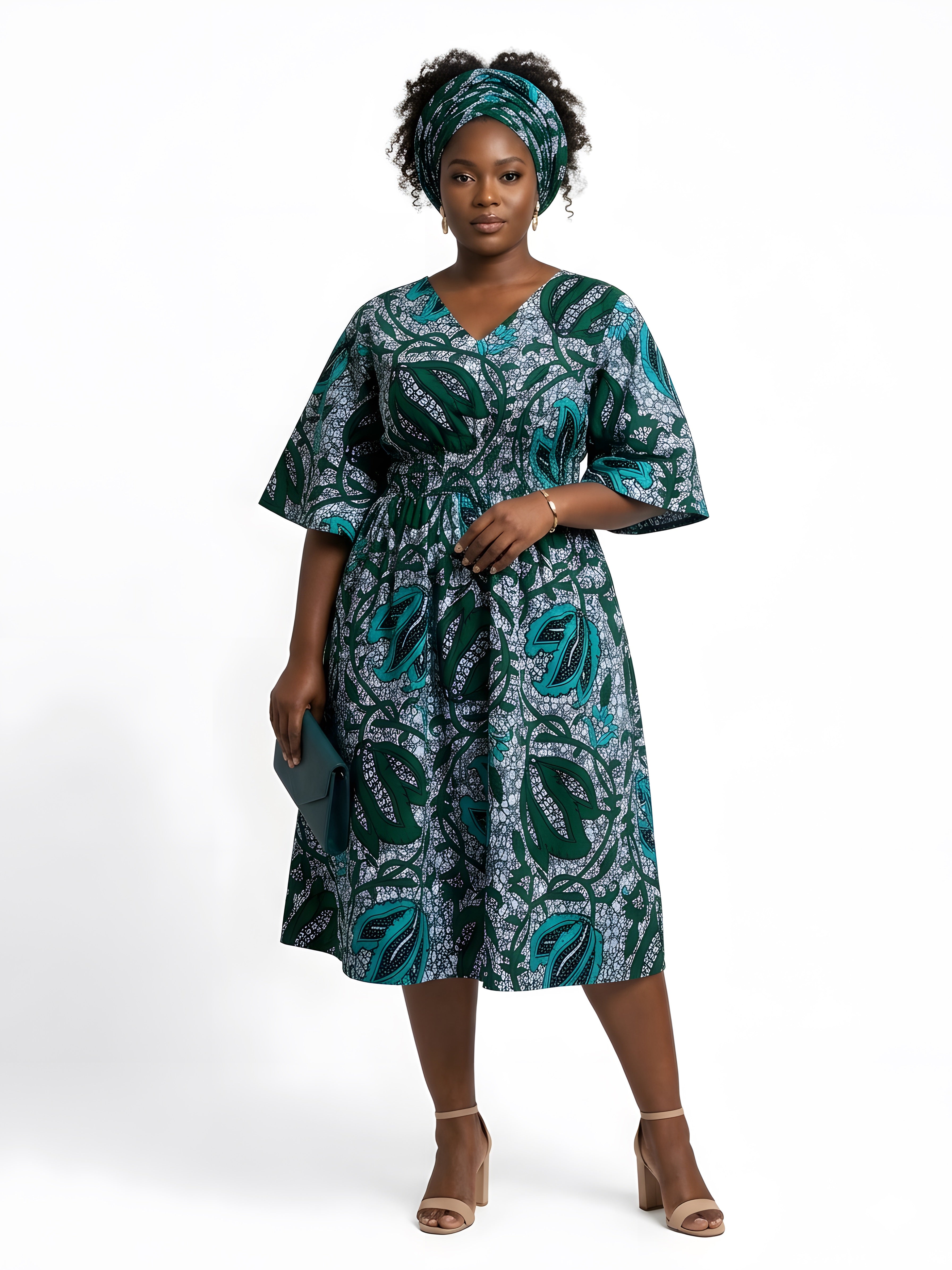 African Print Midi Dress with Matching Headwrap | One Size