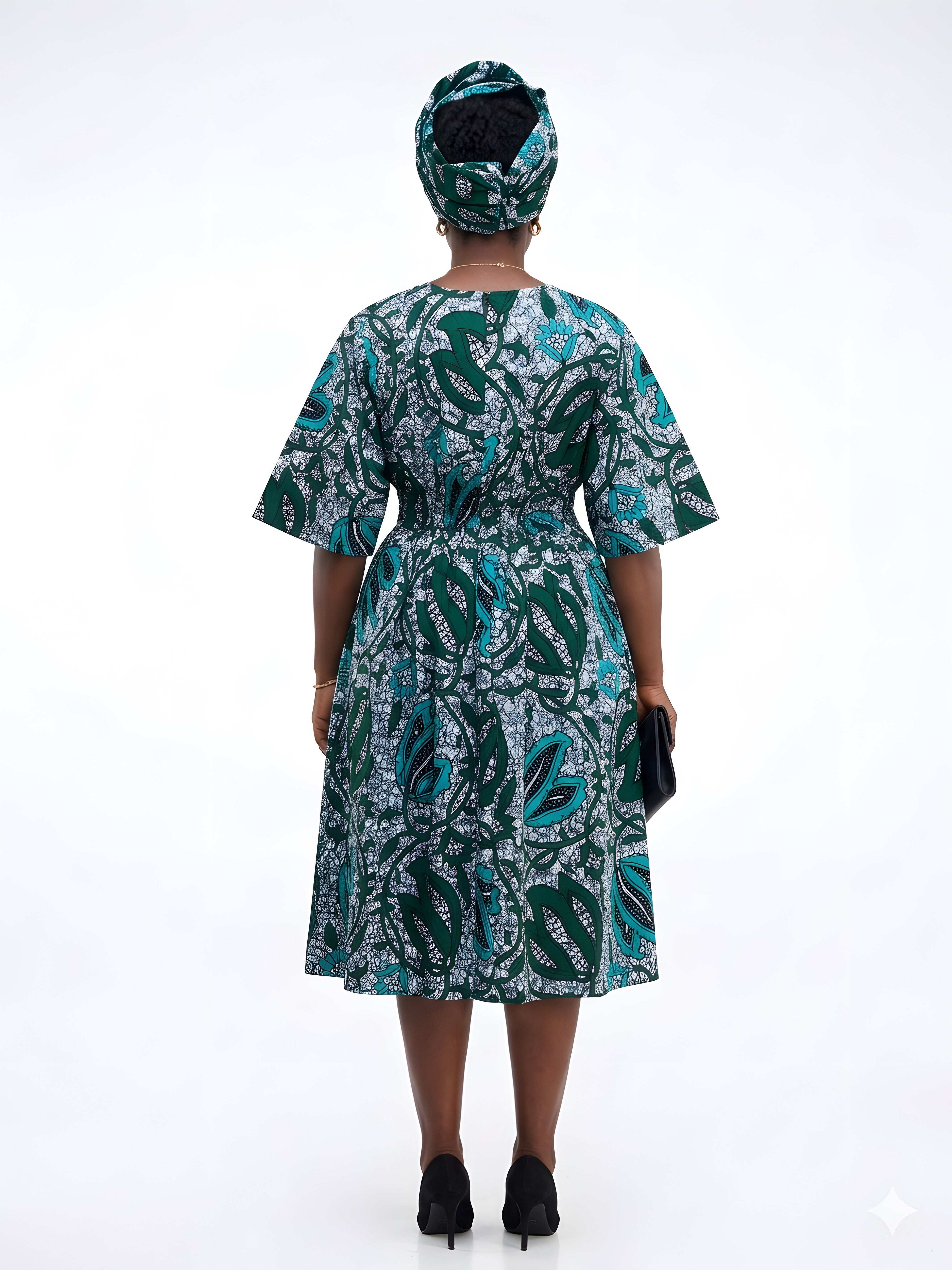 African Print Midi Dress with Matching Headwrap | One Size
