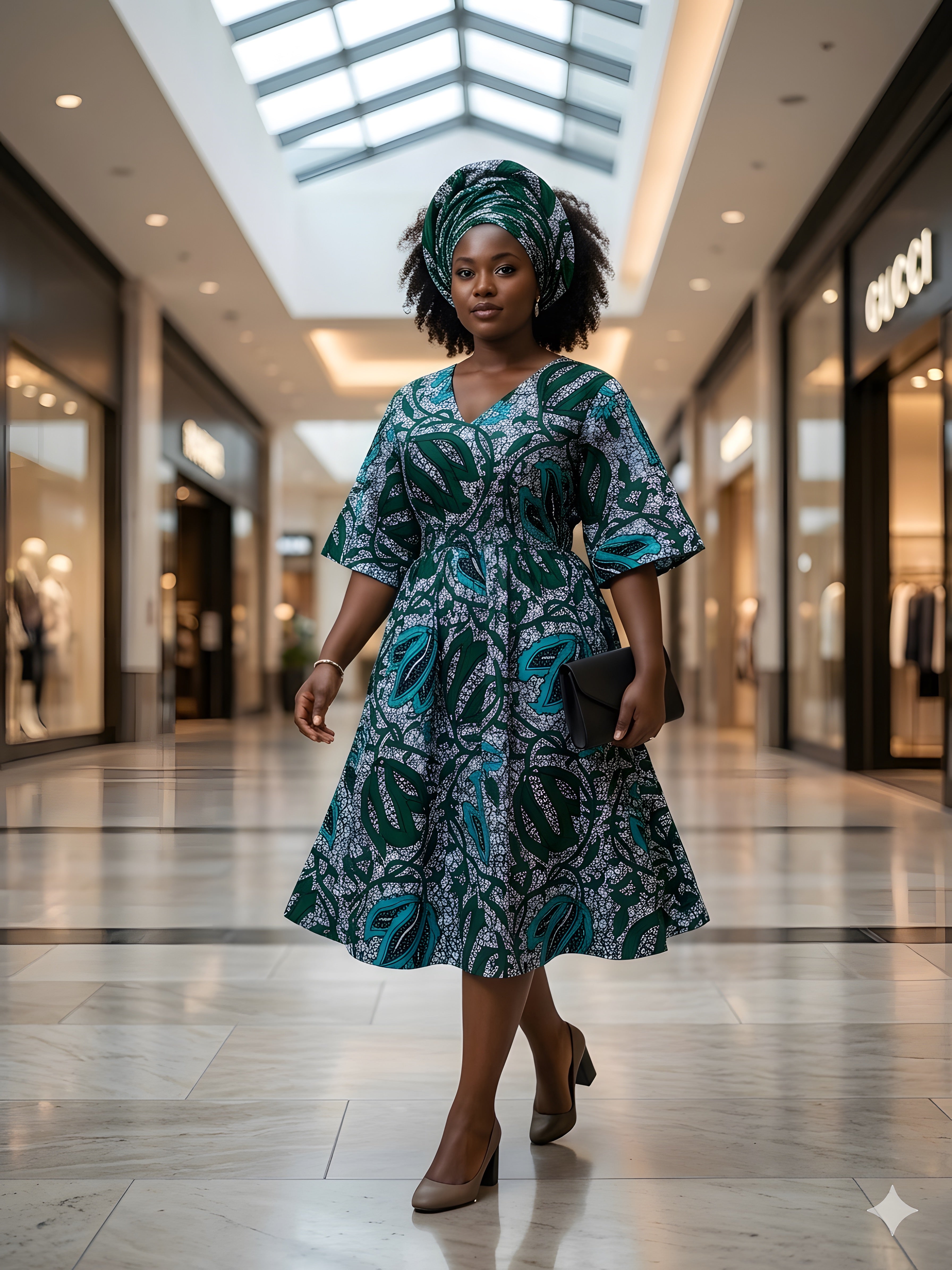 African Print Midi Dress with Matching Headwrap | One Size