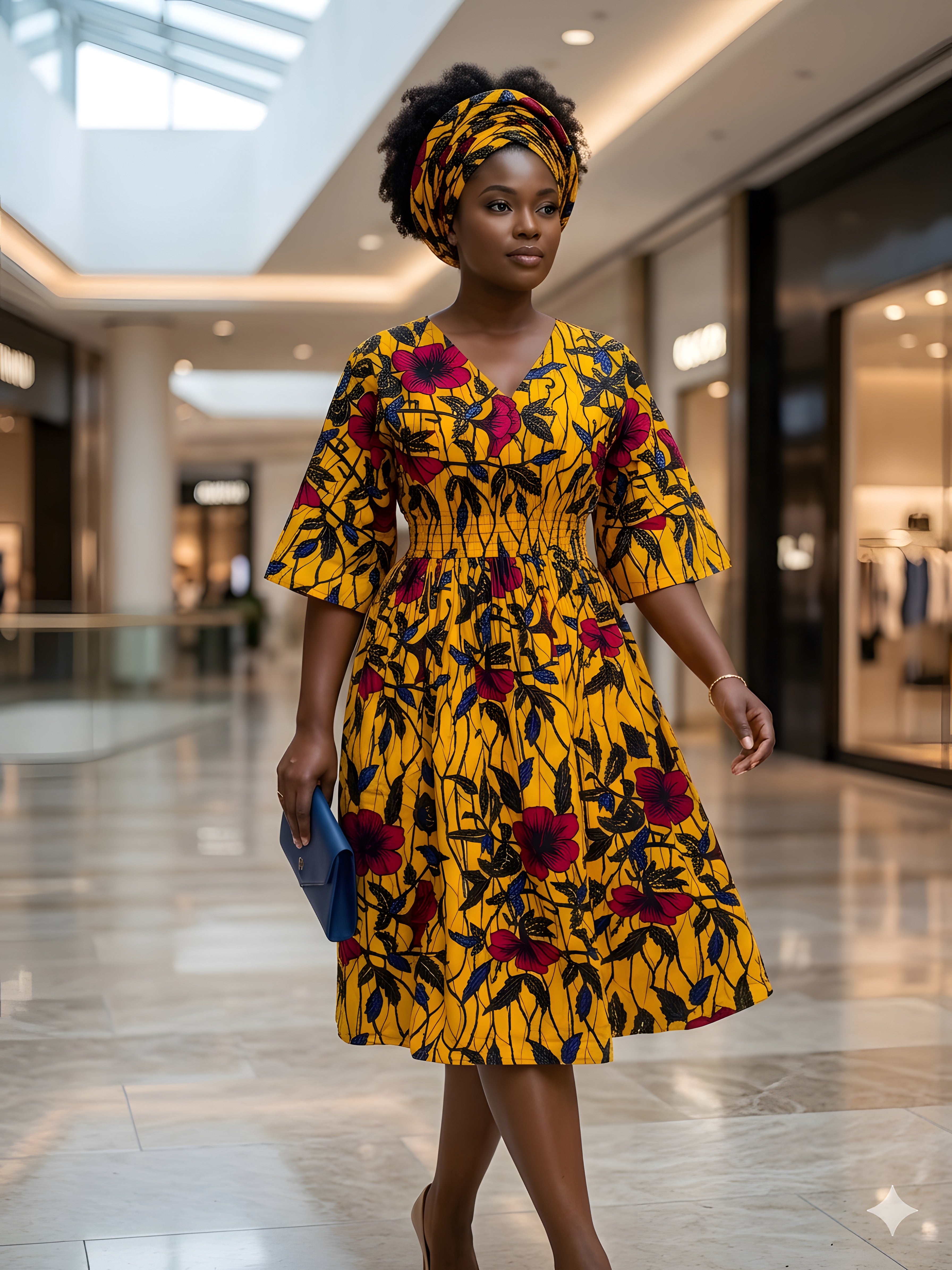 African Print Midi Dress with Matching Headwrap | One Size