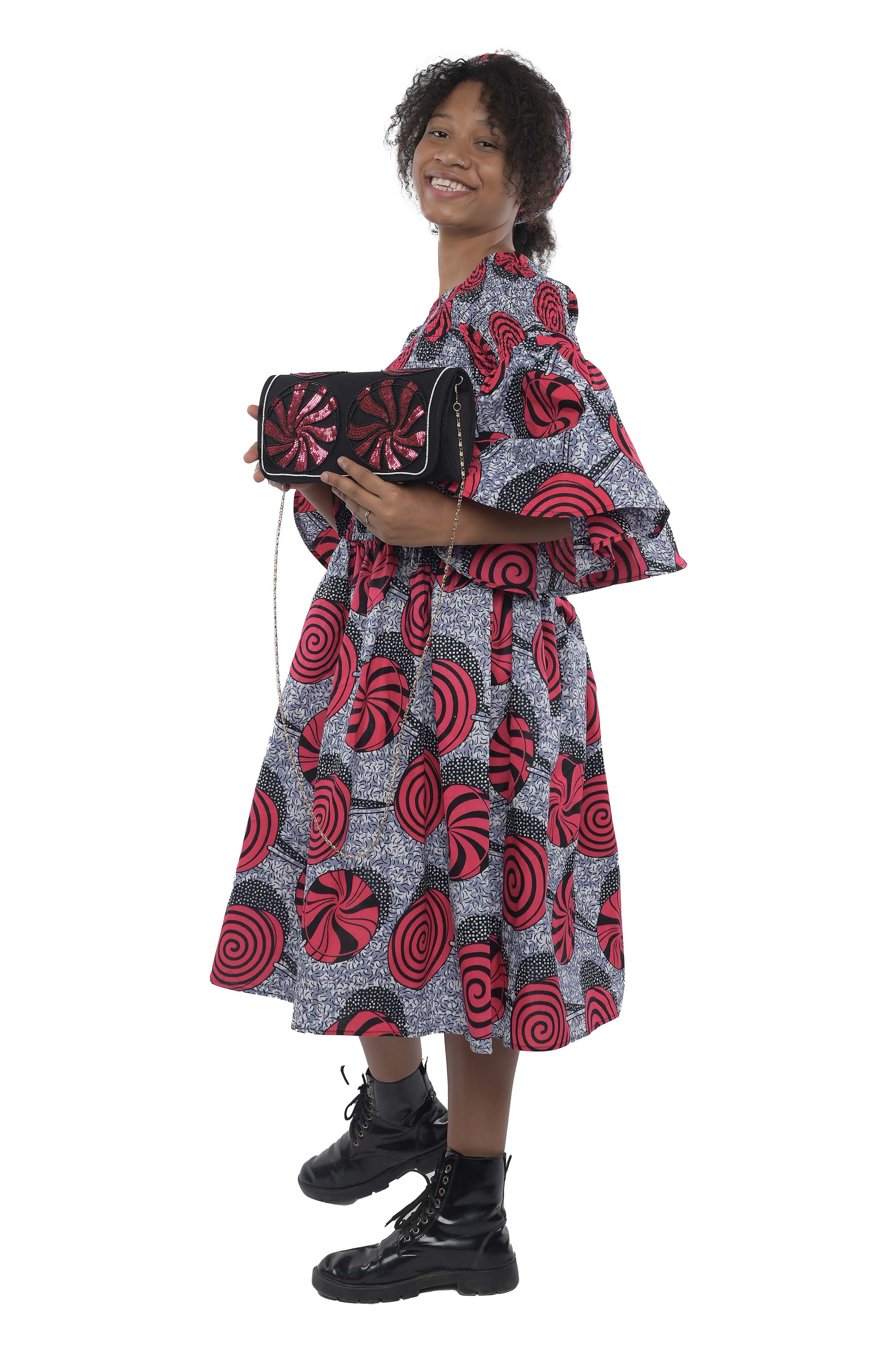 Ankara Short Smocked Dress With Beaded Handbag
